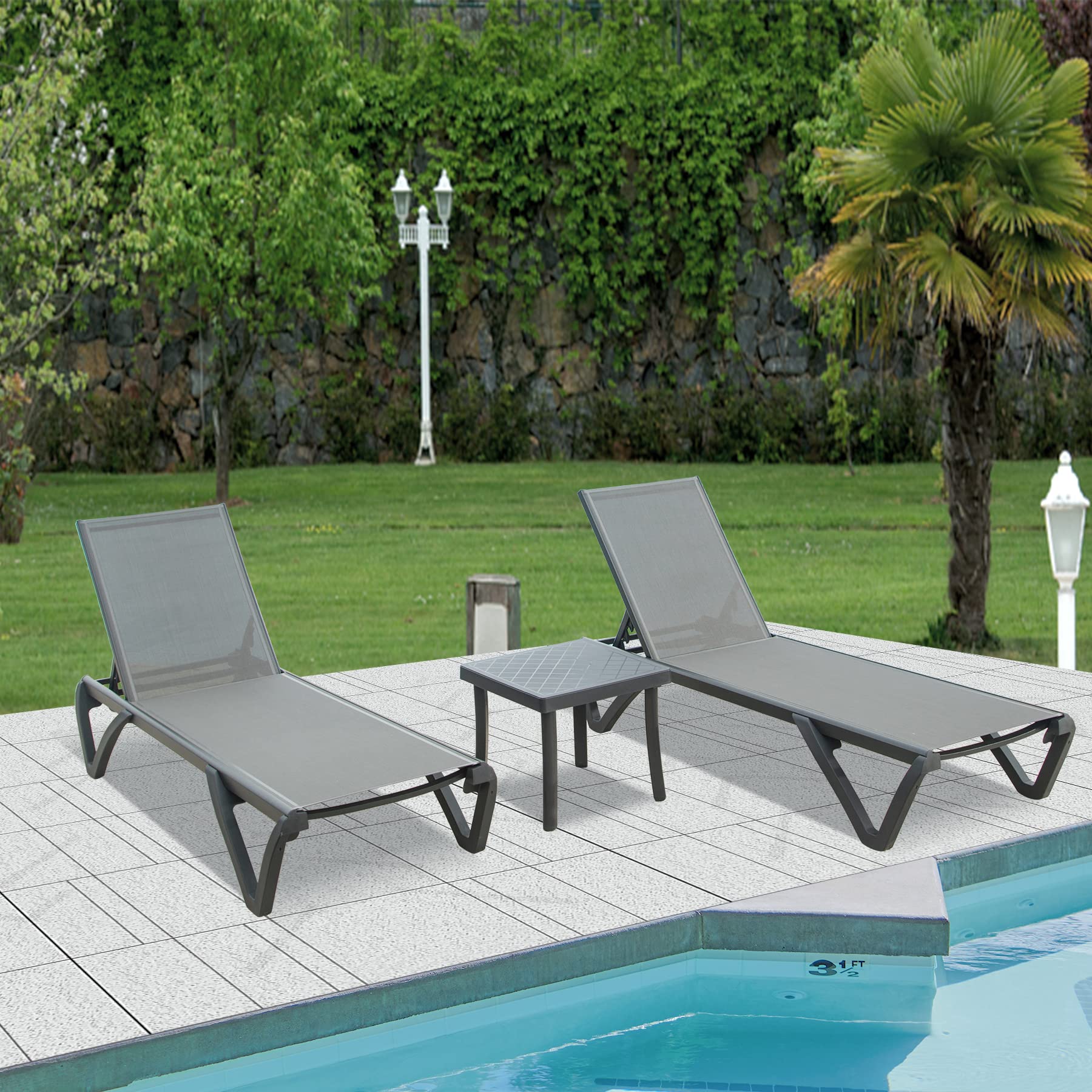 **Domi Premium Aluminum Pool Lounge Chairs with Side Table - 5-Position Adjustable Backrest, Wheels & All-Weather Design - Perfect for Poolside, Patio, Beach & Backyard Relaxation (Set of 2 Grey Lounges)**