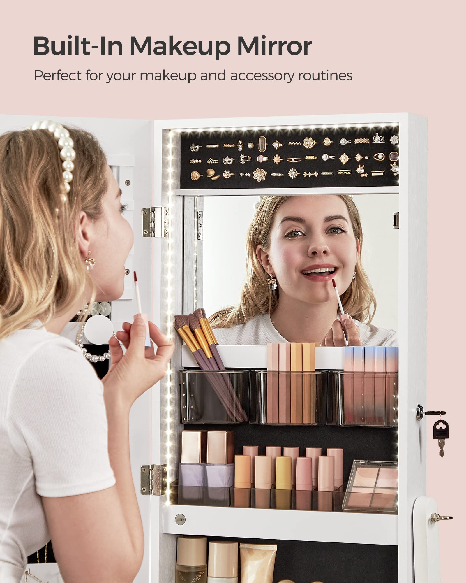 SONGMICS Full-Length LED Jewelry Cabinet with Mirror - White Standing Armoire Organizer with 2 Drawers & Lock, Frameless Design for Bedroom & Closet Storage | Perfect for Jewelry Display, Makeup Vanity & Home Decor