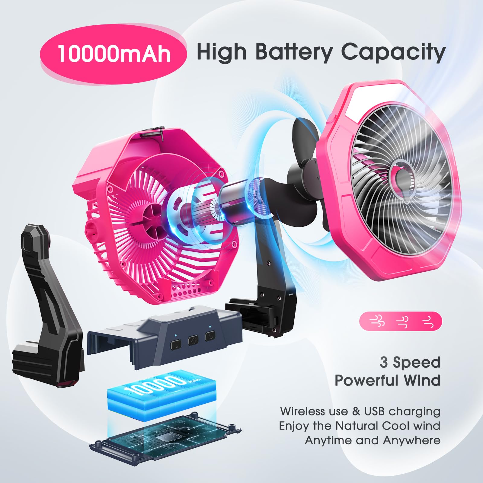 Ausic 8-Inch Portable Misting Fan with 250ml Water Tank & 10000mAh Battery - Rechargeable Outdoor Cooling Fan with Spray, Hook, and LED Light - Perfect for Camping, Beach, Patio, Tent, and Travel Adventures