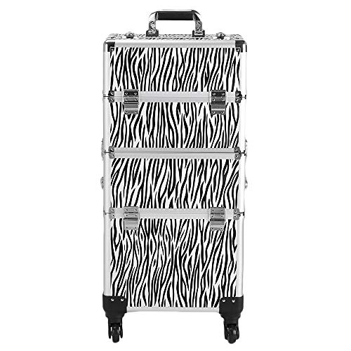 Professional 3-in-1 Aluminum Makeup Train Case with 4 Wheels - White Zebra Print Cosmetic Trolley for Makeup Artists | Portable Beauty Storage & Travel Organizer for Salon, Bridal, and On-Site Makeup Services