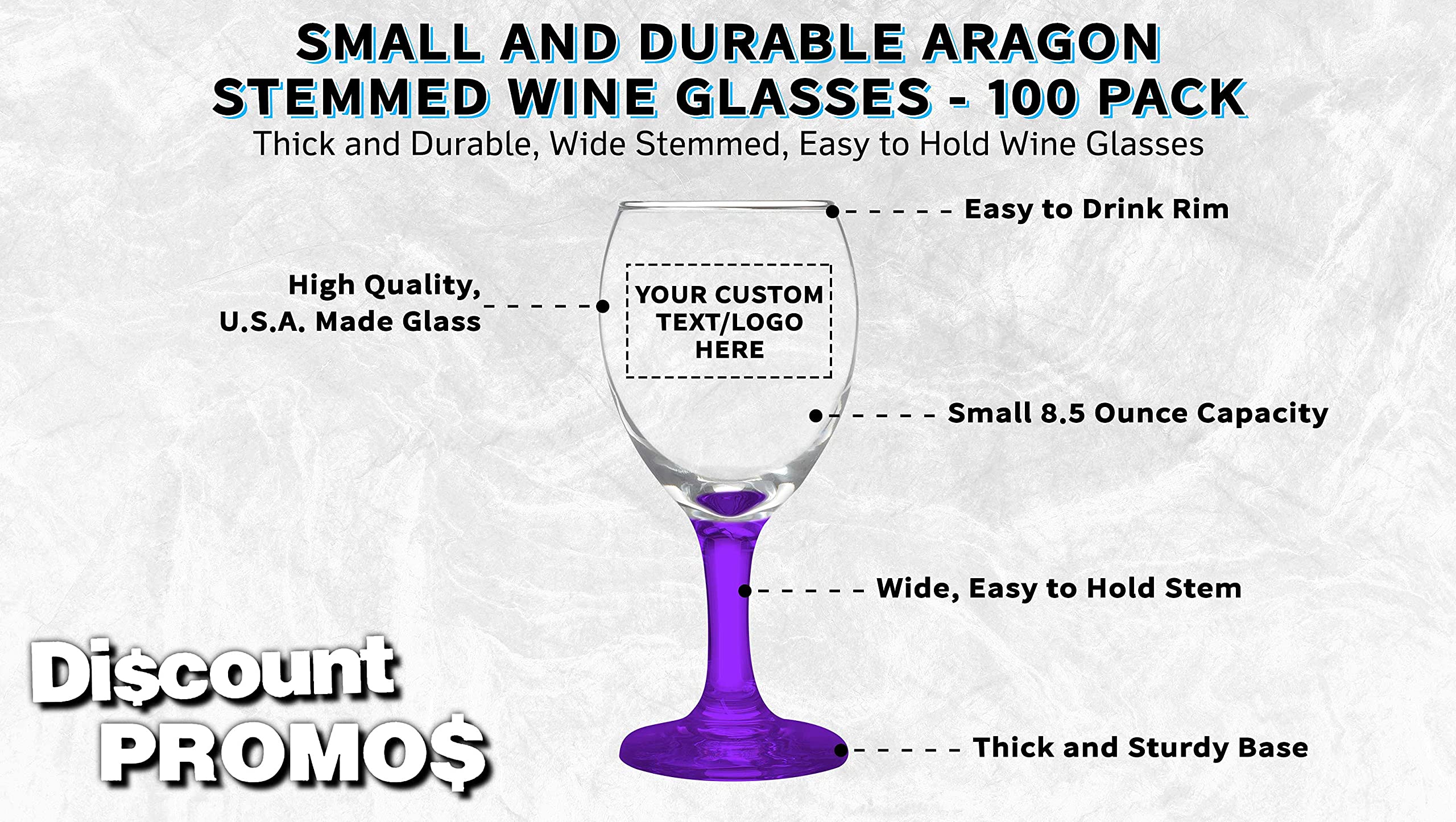 100-Piece Aragon Wine Glass Set, 8.5 oz - Custom Engraved with Text/Logo - Premium US-Made Purple Stemware for Weddings, Parties & Gifts
