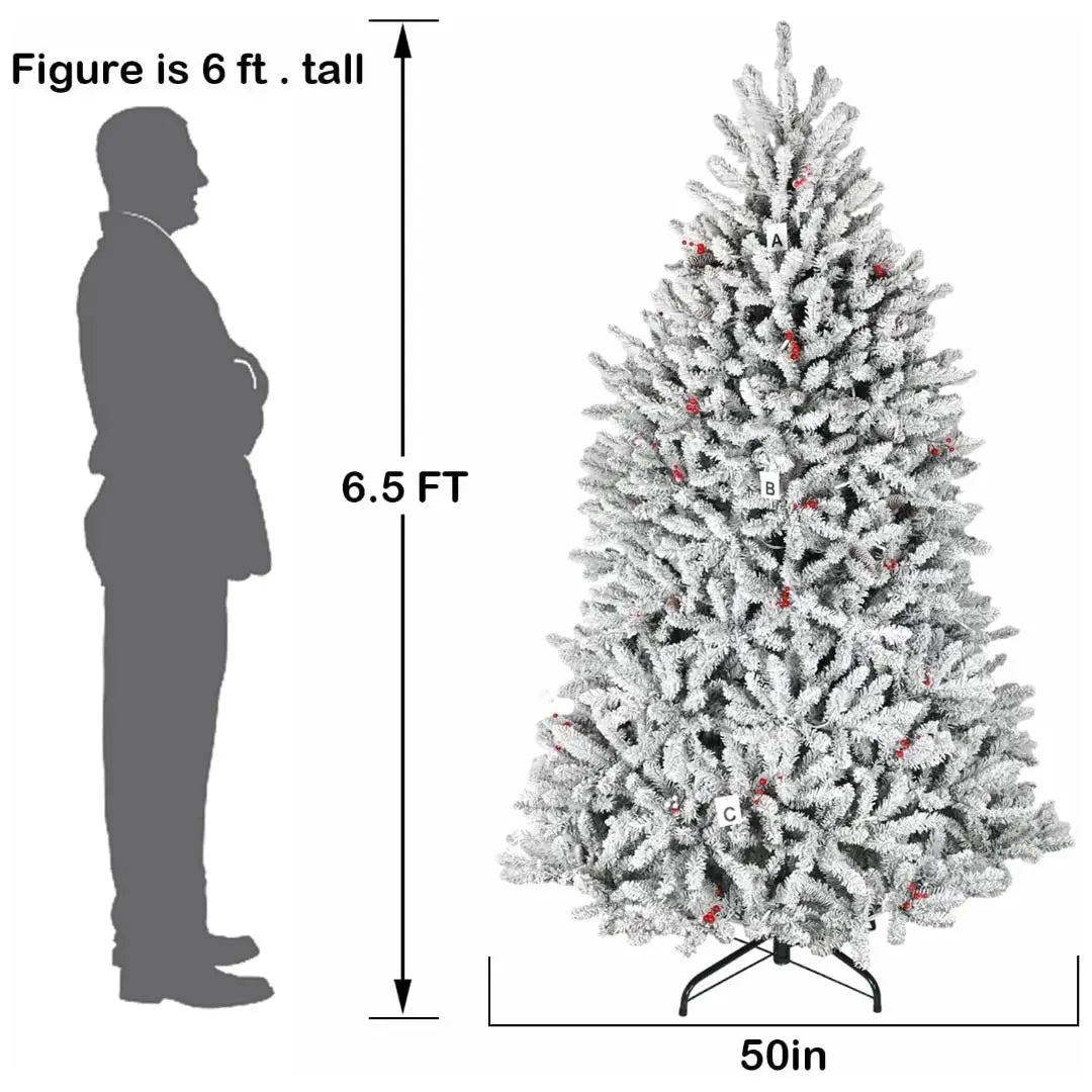 6.5'/7.5' Pre-Lit Snow Flocked Artificial Fir Christmas Tree with Pine Cones & Berries - PVC Branch Tips, Warm White LED Lights, Metal Stand & Hinged Branches for Holiday Home Decor, Office & Christmas Party Decoration