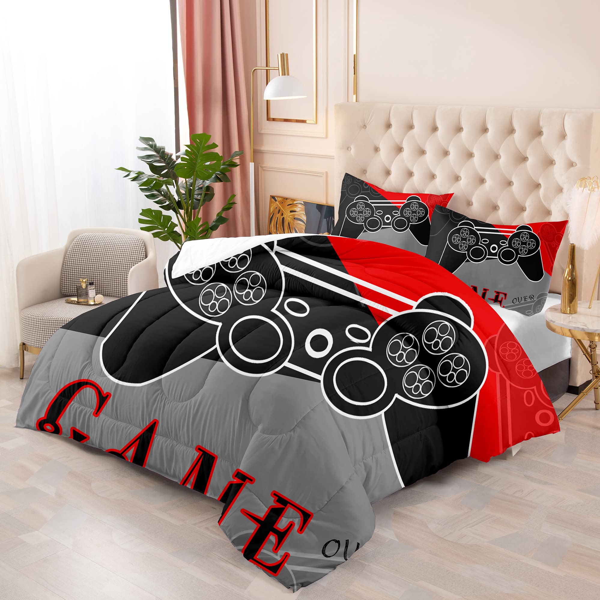 Boys Gaming Bedding Set - Full Size Black & Red Video Game Controller Comforter with 2 Pillowcases for Kids & Teens | Perfect for Gamer Bedroom Decor & Sleepovers