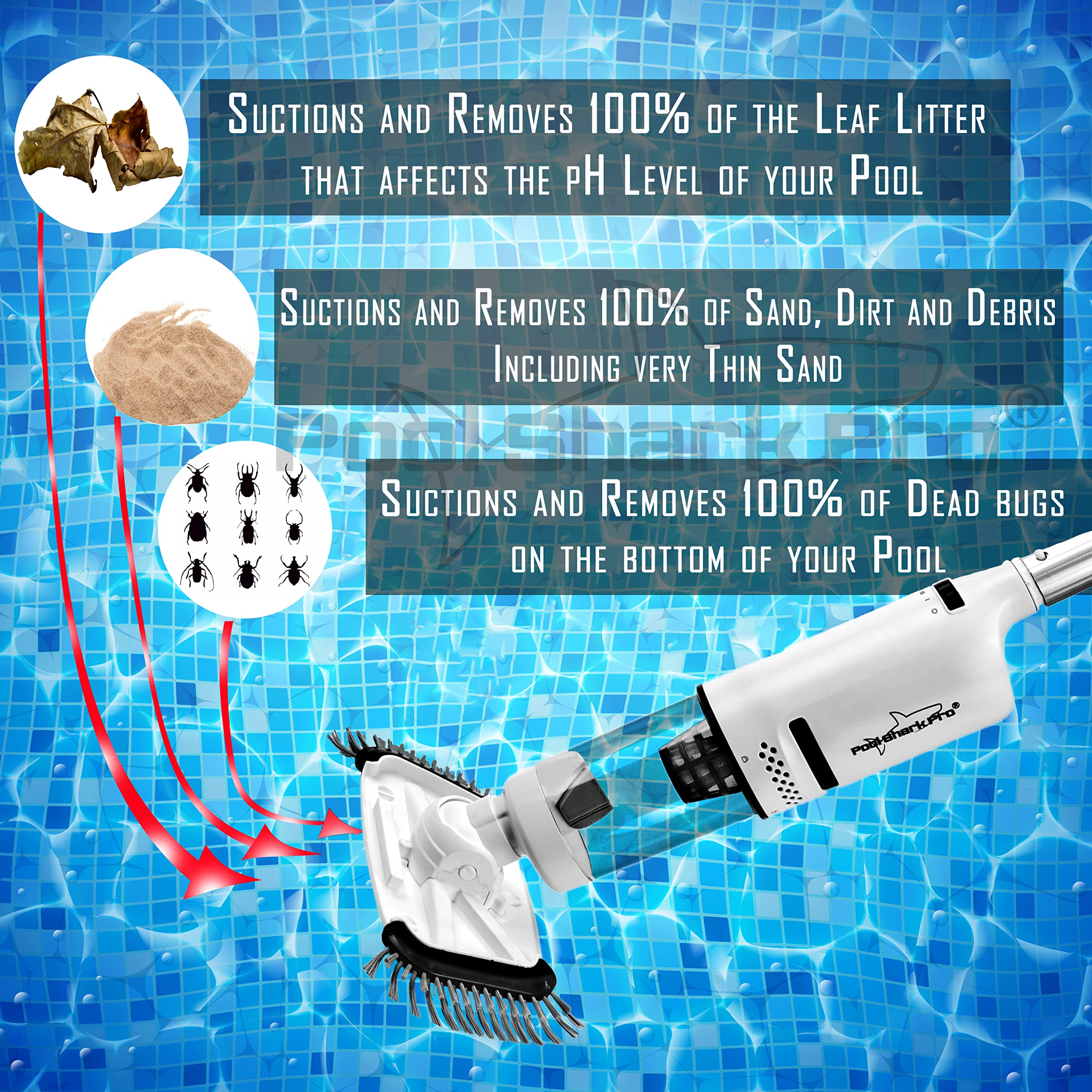 Pool Shark PRO Cordless Pool Vacuum Cleaner - 1.5H Runtime, 3-in-1 Multi-Surface Cleaner with Strong Suction for Inground & Above Ground Pools | IPX8 Waterproof, Large Debris Tank | Ideal for Leaves, Sand & Small Debris Removal