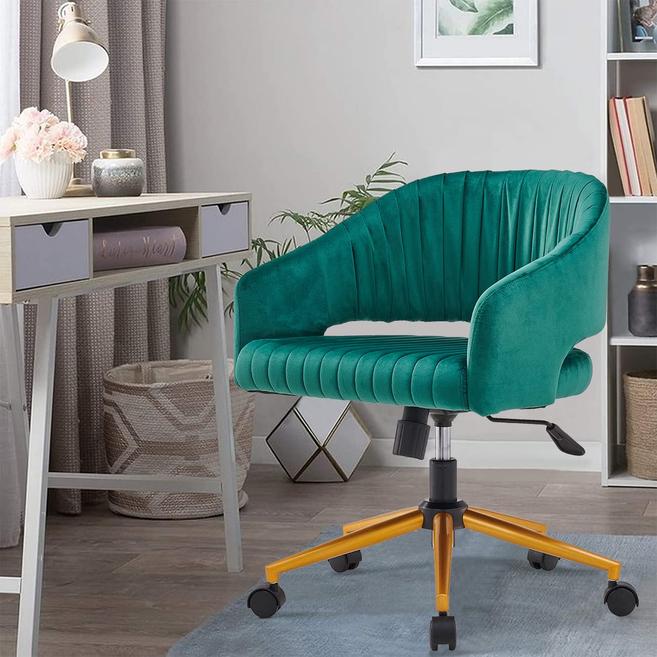 Ergonomic Velvet Swivel Desk Chair with Gold Base - Modern Home Office Chair for Women & Girls, Comfortable Study & Computer Task Stool for Living Room, Bedroom or Workspace (Green)