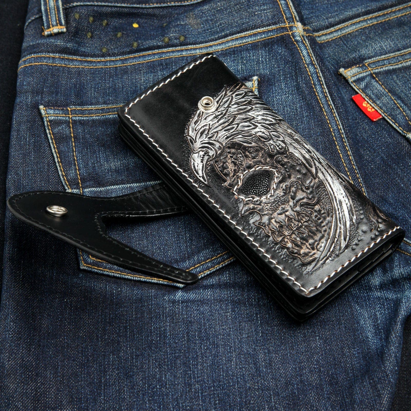 Genuine Leather Biker Wallet with Harley Indian Skull Design - Long Chain Motorcycle Wallet for Men - Perfect for Biker Rides, Motorcycle Shows & Everyday Use