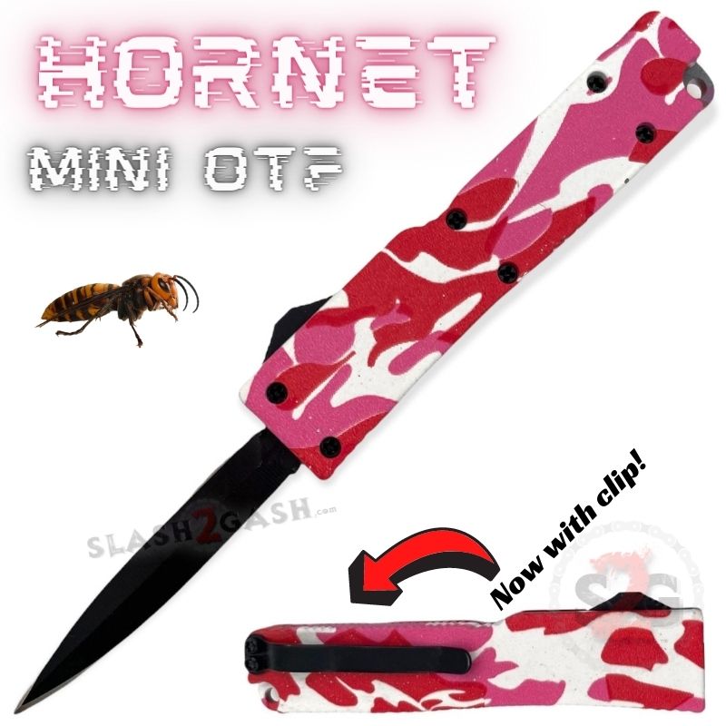 Pink Camo Hornet Mini OTF Switchblade Knife with Pocket Clip - Compact Self Defense Keychain Tool for EDC, Outdoor, Survival & Tactical Use
