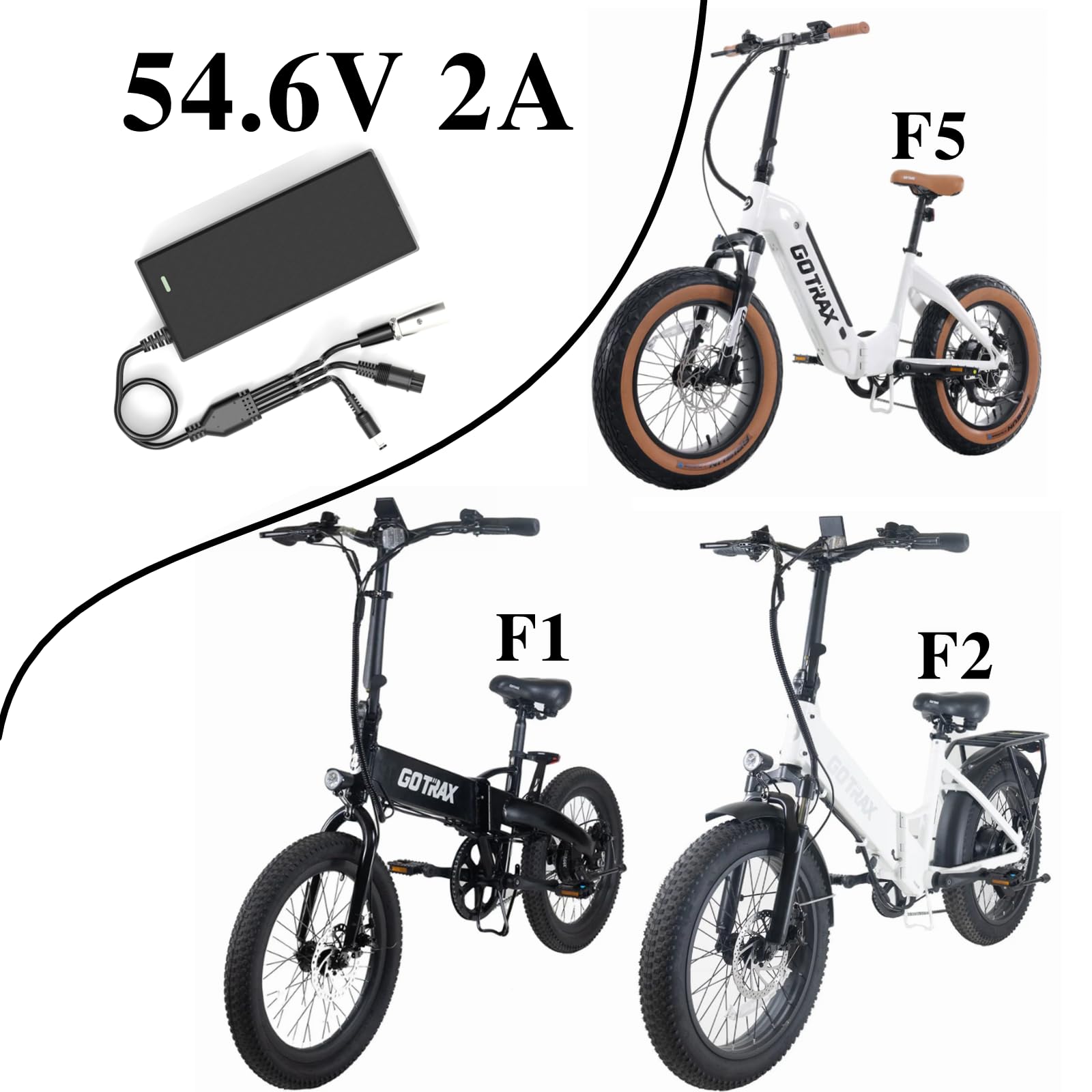 54.6V 2A Electric Bike Charger with 3 Plugs - Compatible with 48V Ebike & Scooter Batteries (DC5.5*2.5, 3-Pin, 12mm 3-Prong) - Replacement Charger for F1/F2 Models - Perfect for Commuting & Outdoor Adventures