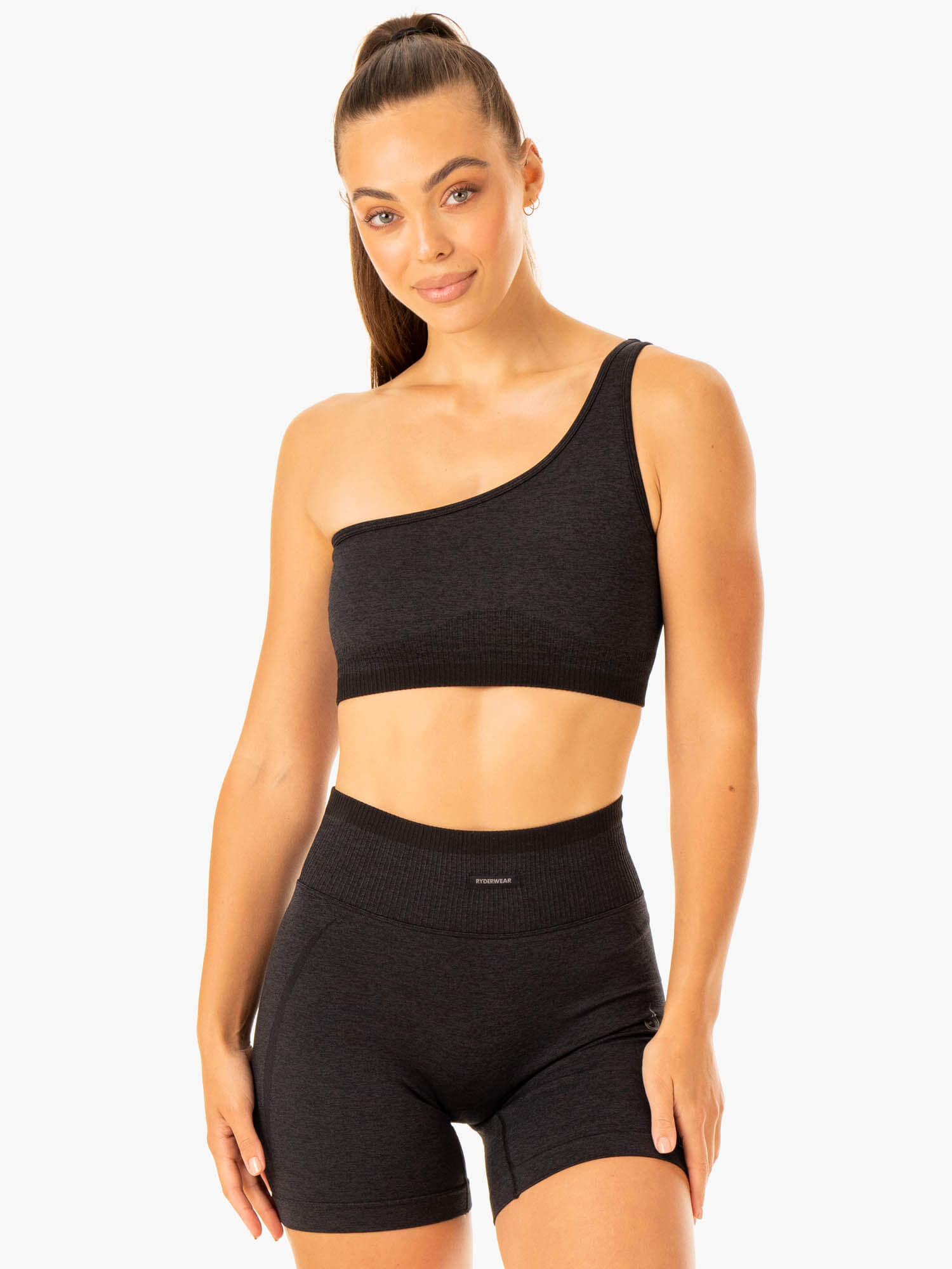 Excel Seamless One Shoulder Sports Bra for Women - Breathable Workout Top - Black Marl - Perfect for Yoga, Running & Gym
