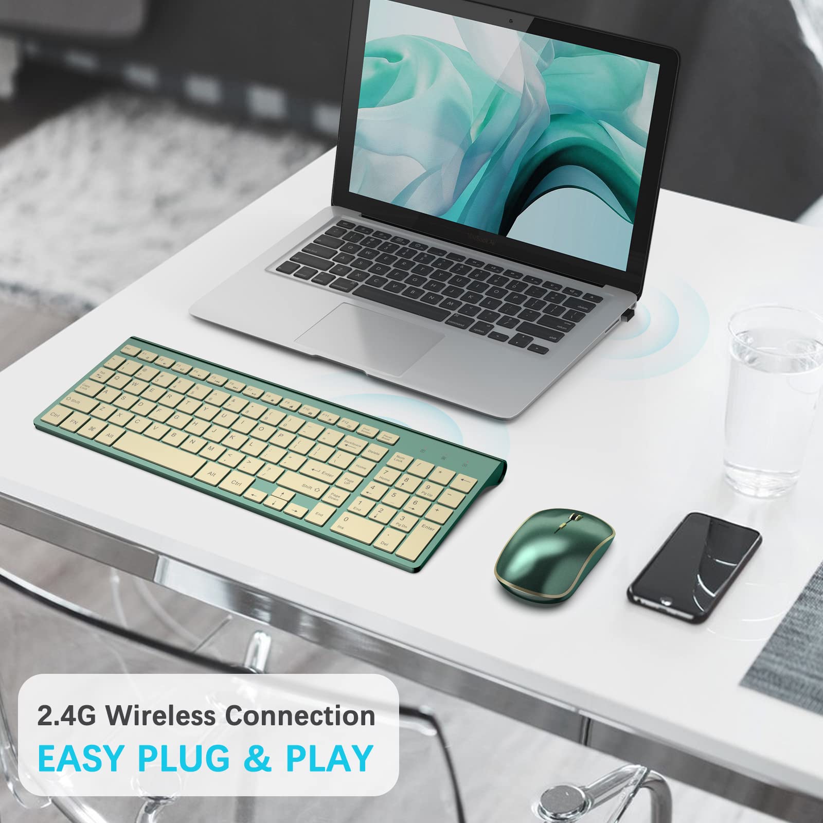JOYACCESS 2.4G Wireless Keyboard and Mouse Combo - Compact, Quiet, Ergonomic Design for Windows PC, Laptop, Desktop | Perfect for Office Work, Gaming & Home Use in Cangling Green