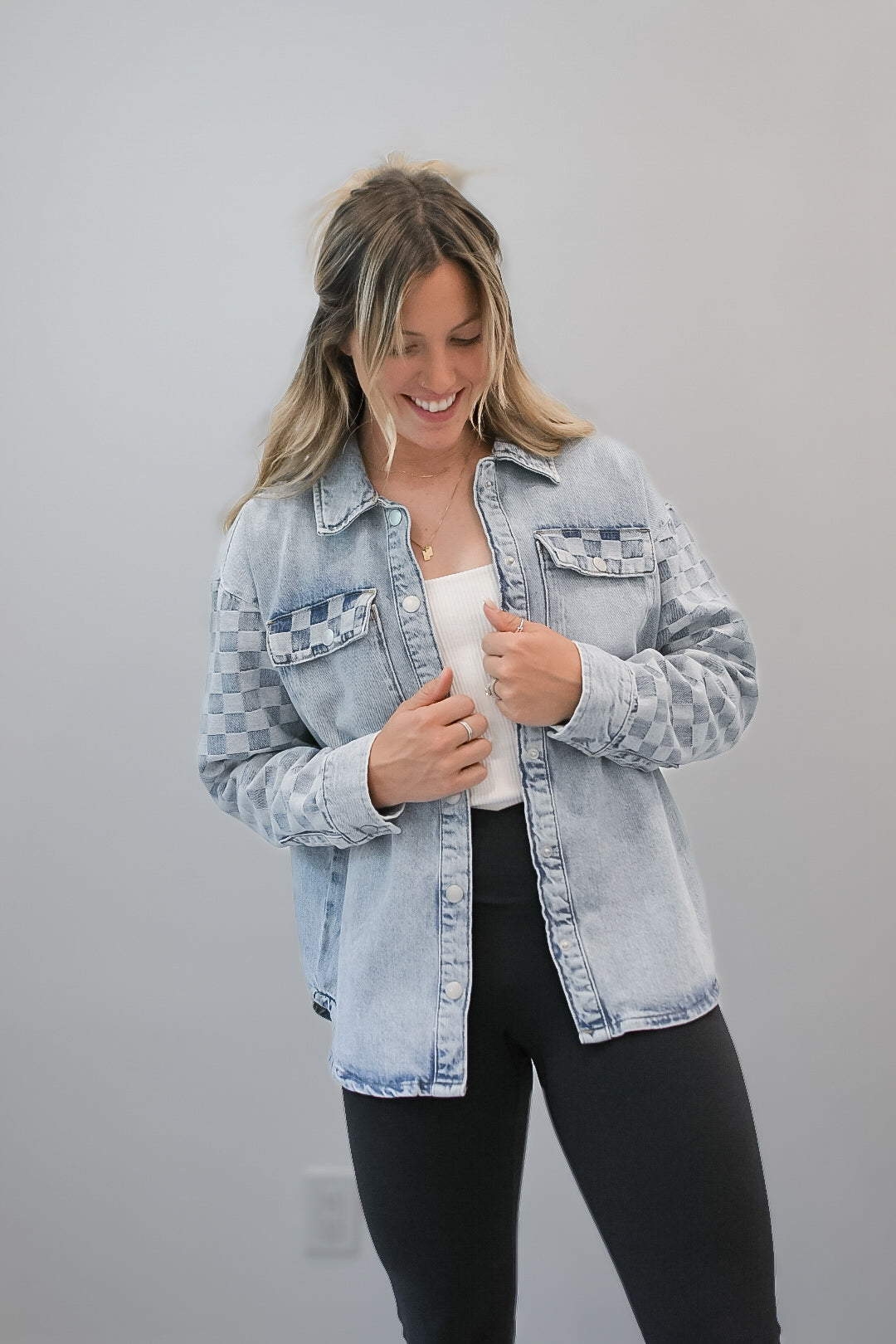 Men's Light Wash Checkered Denim Shacket - Casual Overshirt for Fall & Winter | Streetwear, Layering, Outdoor Activities