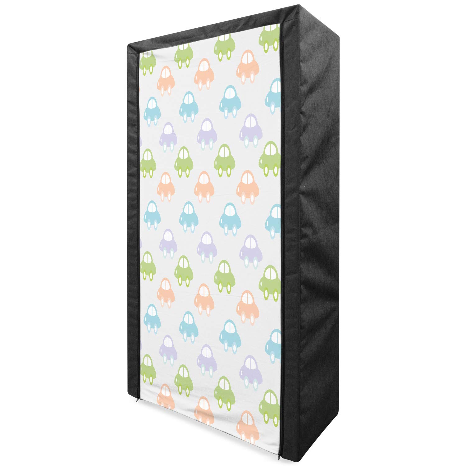 Ambesonne Portable Fabric Wardrobe for Cars - Pastel Colored Automobile-Themed Clothing Organizer with Shelves, 33.5 Inches, Multicolor - Perfect for Kids' Room, Nursery, and Travel Storage