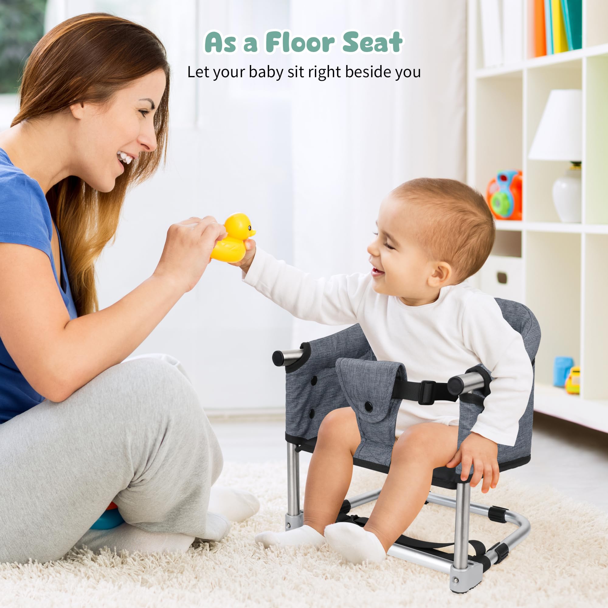 Portable Toddler Booster Seat for Dining Table - Adjustable Height Baby High Chair with Safety Belt, Foldable Kids Feeding Chair for Home Kitchen & Travel - Grey - Perfect for Family Meals, Restaurant Dining and Road Trips