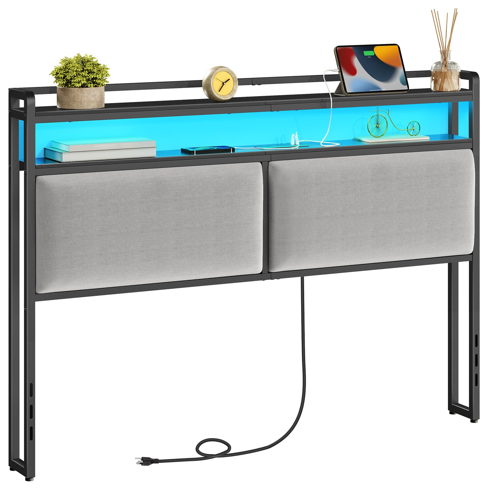 HOOBRO Queen Size Upholstered Storage Headboard with USB Charging Station, Adjustable LED Lights, 2 Outlets & 2 USB Ports - Easy Assembly Black Gray Headboard for Bedroom, Guest Room & Dorm Decor