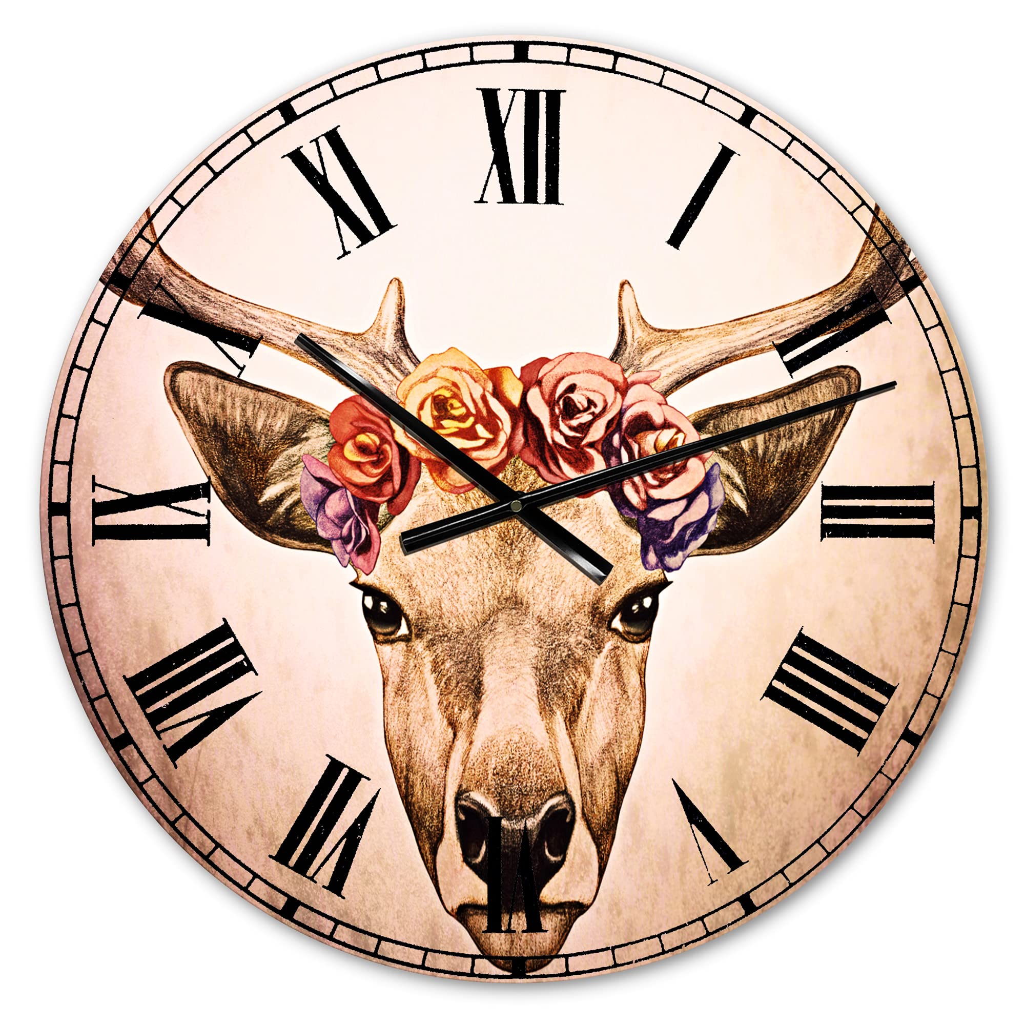 DesignQ Traditional Wall Clock - Elegant Deer Portrait with Floral Head, Large Decorative Clock for Living Room, Bedroom & Office | Perfect Home Décor Gift