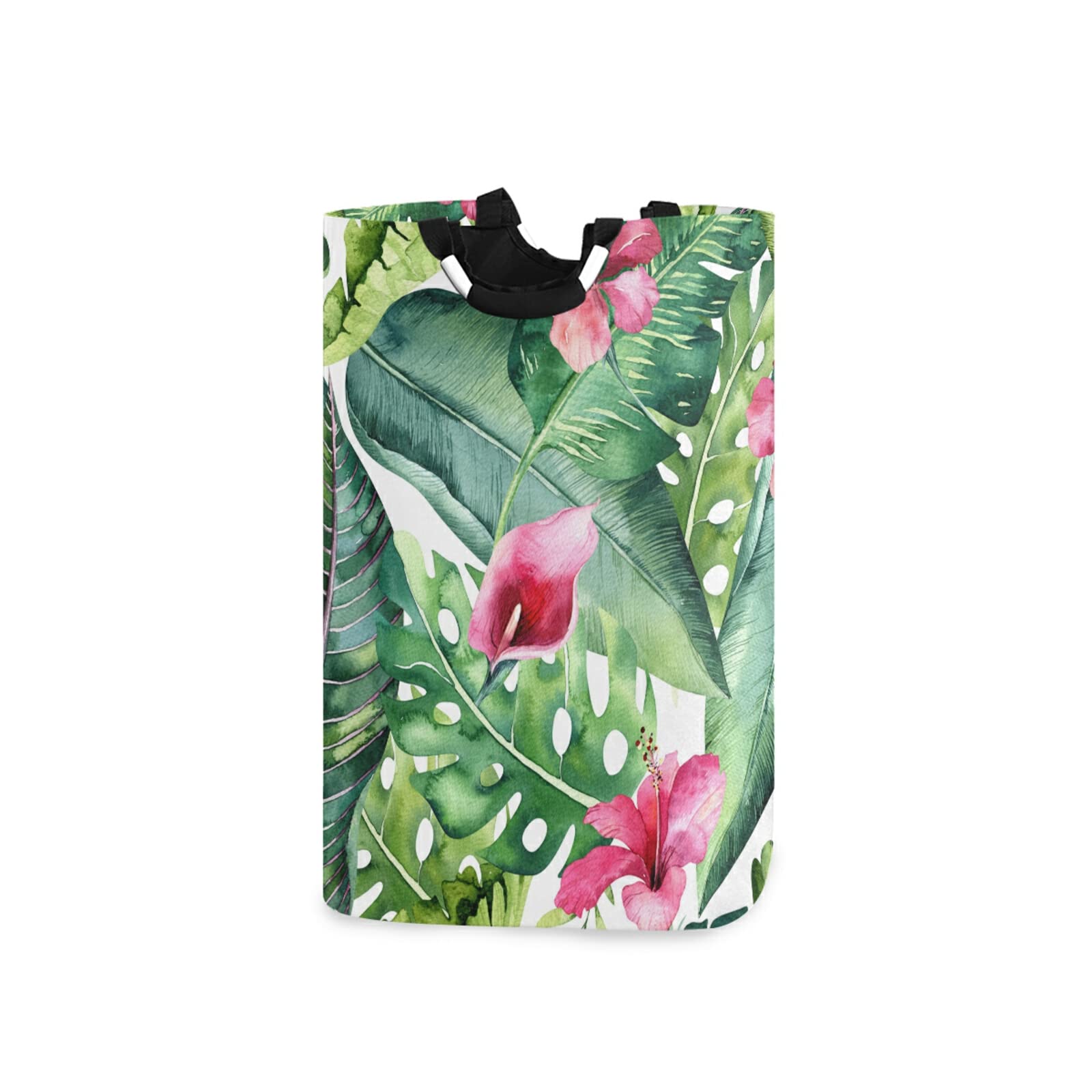 Collapsible Laundry Hamper with Handles - Foldable Waterproof Clothes Basket & Portable Washing Bin - Tropical Leaves Design for Dorm, Travel & Home Organization