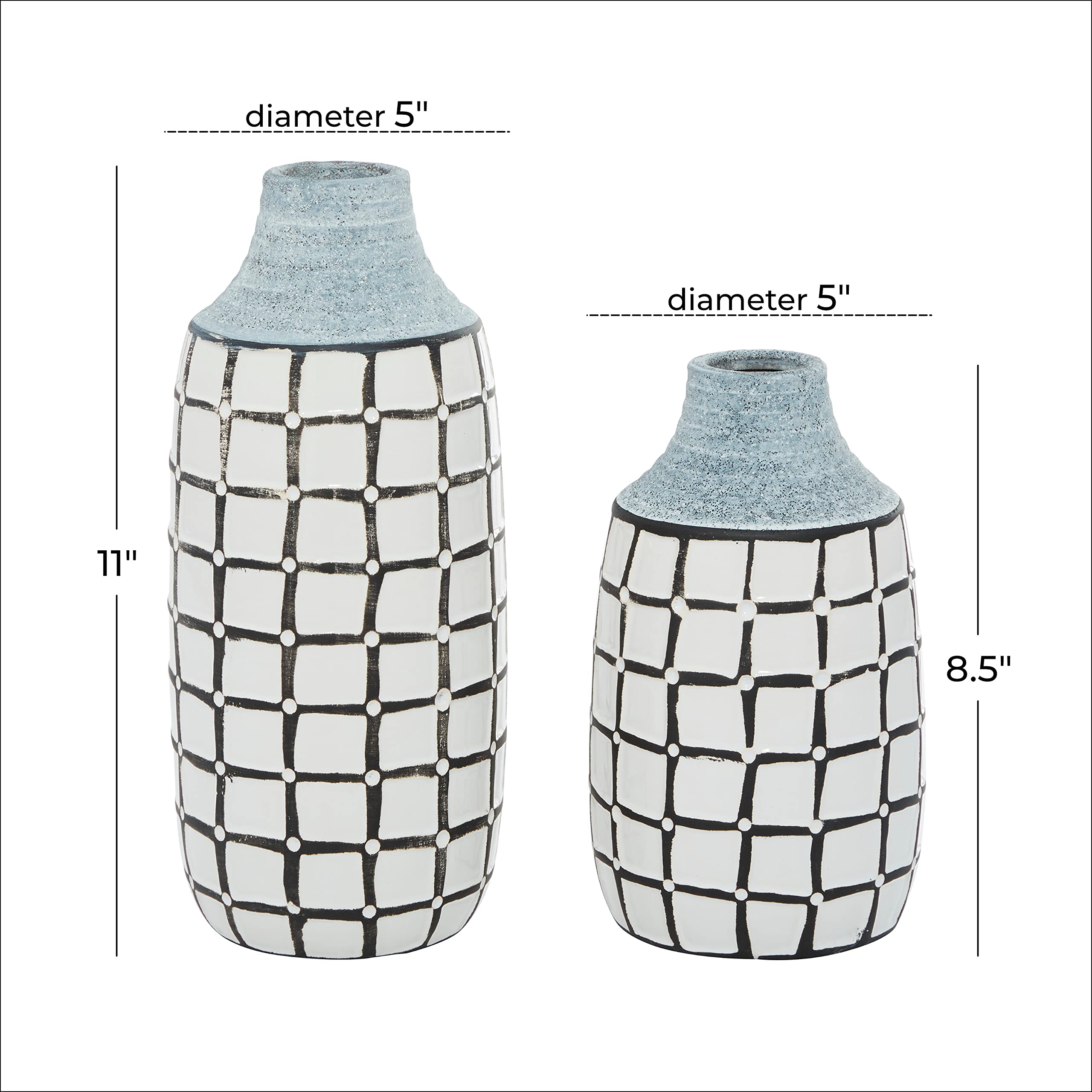 Deco 79 Handmade Ceramic Vase Set of 2 - White Grid Pattern Decorative Centerpiece for Flowers, 11