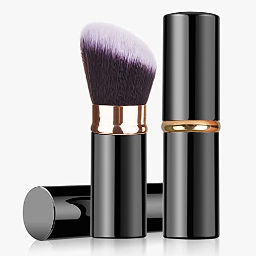 Professional Retractable Kabuki Brush Set - Foundation, Powder, Blush & Concealer Makeup Brushes with Extensible Handle & Aluminum Case (Angled Top, Black) - Perfect for Travel, On-the-Go Touch Ups & Professional Makeup Application