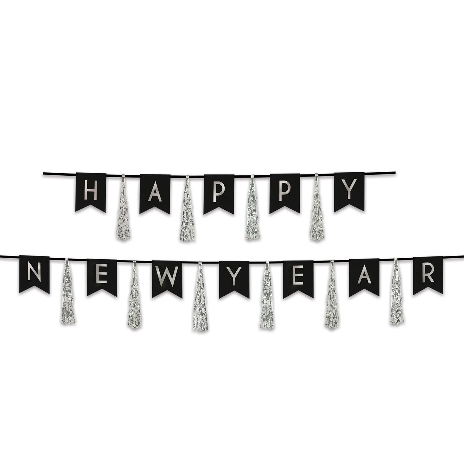 12 Pack Beistle Happy New Year Tassel Streamers - Black and Silver Party Decorations for NYE Celebrations, Balloon Garland Backdrops & Holiday Photo Booths