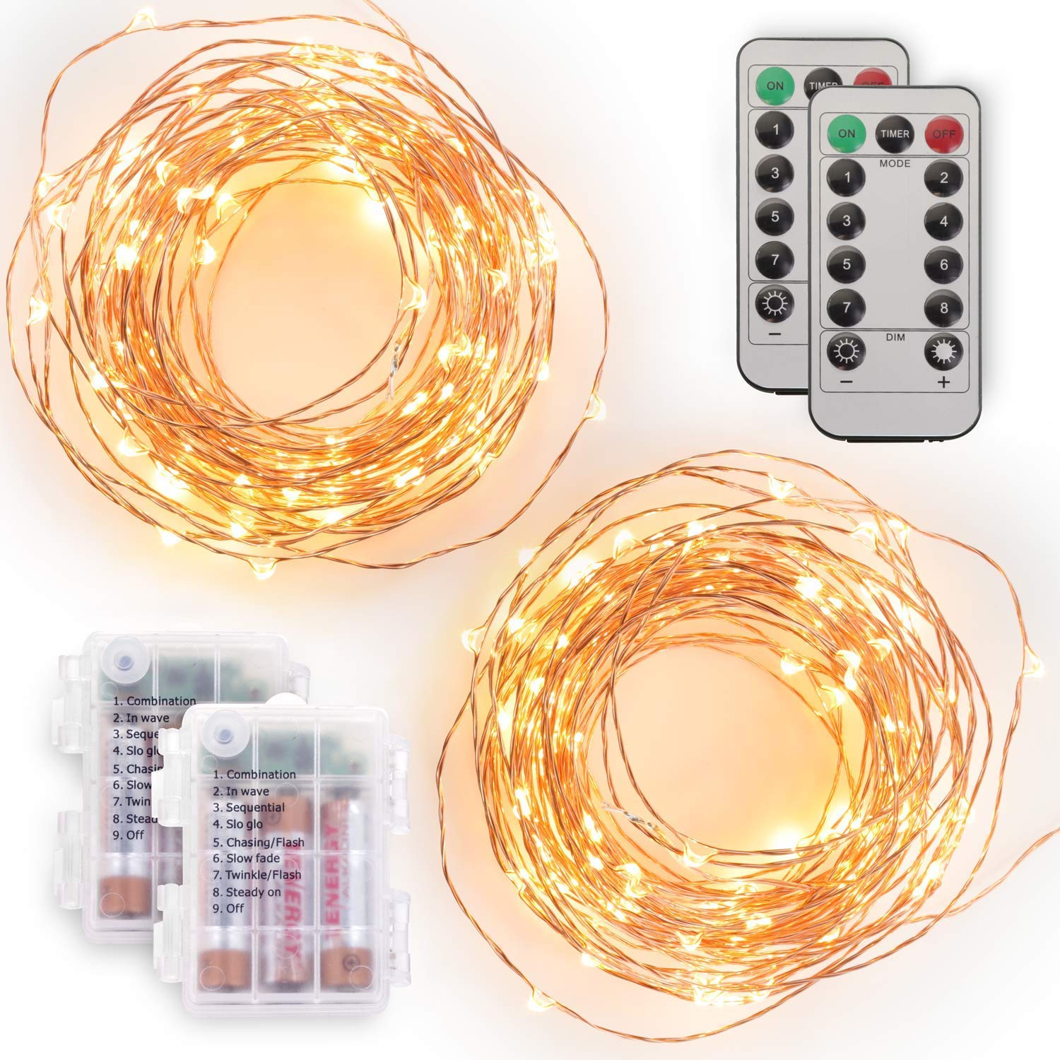 Tenergy 2 Pack 50 LED String Lights - 16.5ft Battery Operated Fairy Lights with Remote Control & 54 AA Batteries Included, Dimmable Waterproof Outdoor Lights for Christmas Decorations, Wedding Party, Garden, Patio, and Home Decor - UL Certified