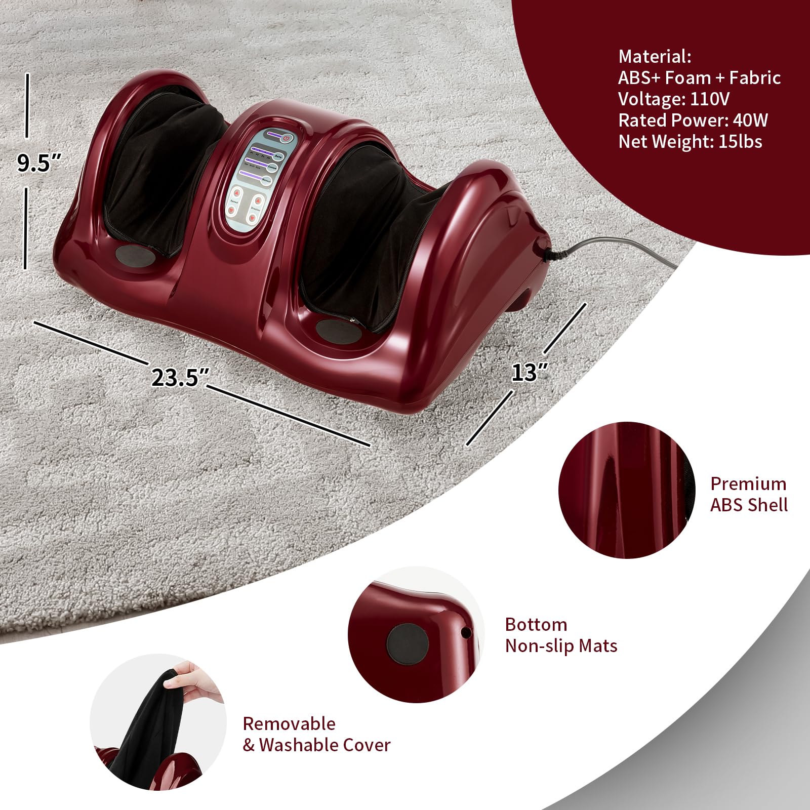 RELAX4LIFE Shiatsu Foot Massager Machine with Remote Control - 4 Programs & 3 Modes for Deep Kneading, Electric Calf & Foot Massage - Relieves Plantar Fasciitis, Tired Muscles - Touch Panel & Burgundy Design - Perfect for Home, Office & Post-Workout Recovery
