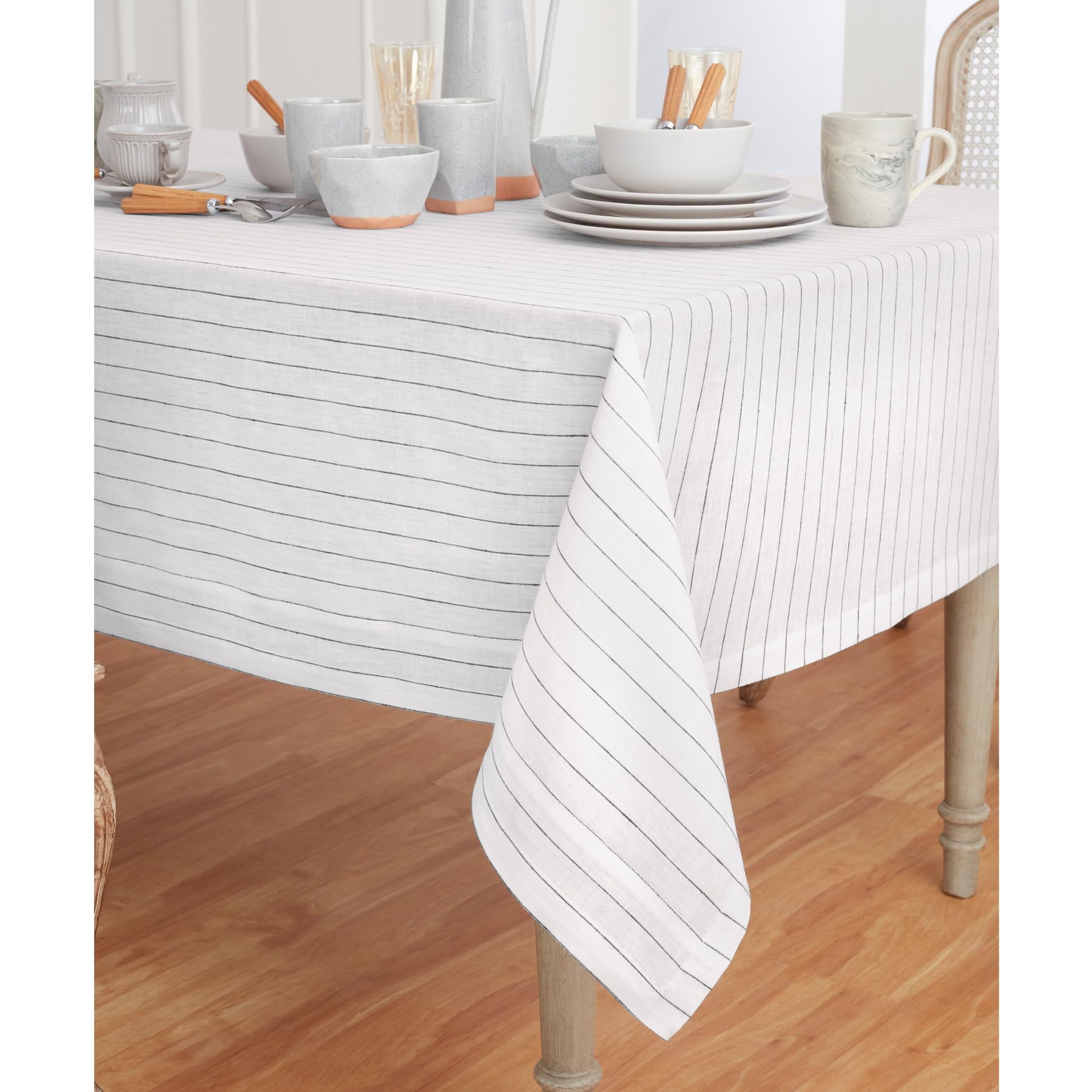 Premium 100% Pure Linen Tablecloth 60x120 Inches - White & Black Pinstripe Design - Handcrafted Washable Dining Table Cover for Spring, Easter, Weddings & Formal Events