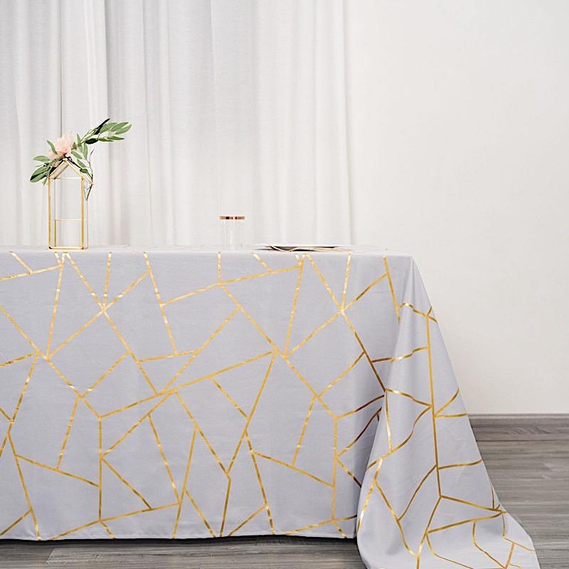 90x132 Inch Polyester Rectangular Tablecloth with Metallic Geometric Design - Perfect for Dining Tables, Parties, and Special Events