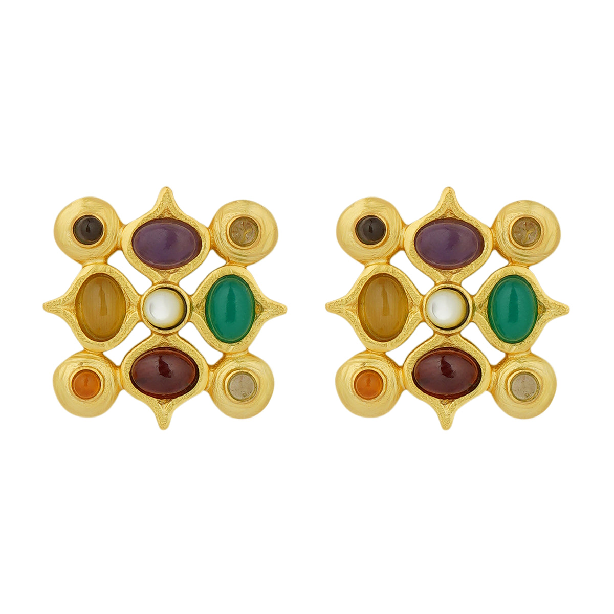 9 Stone Navratan Stud Earrings for Women - Genuine Gemstone Jewelry for Daily Wear & Special Occasions
