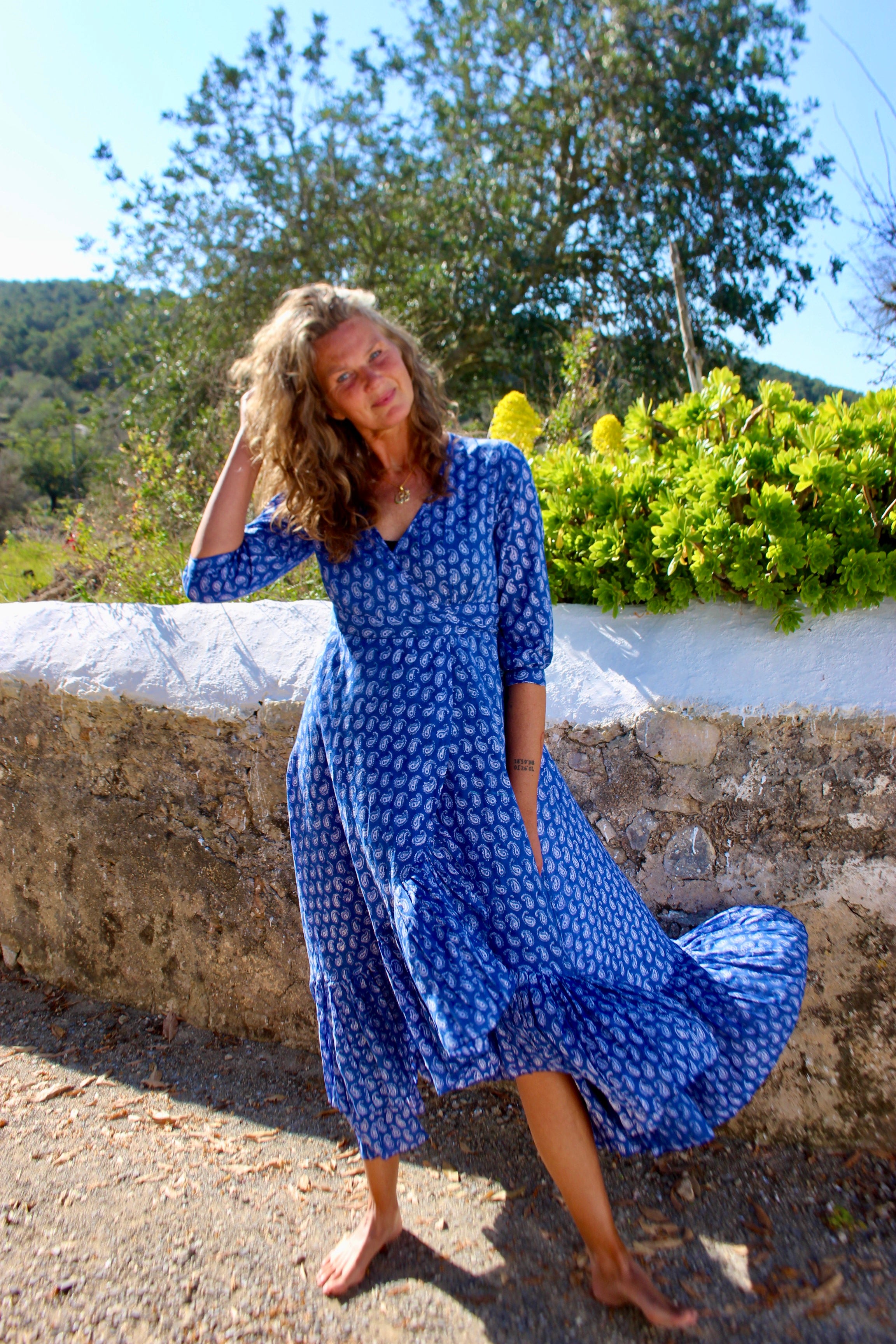Stylish Blue Paisley Goddess Dress - Boho Chic Maxi Dress for Women | Perfect for Beach Vacations, Music Festivals & Summer Parties