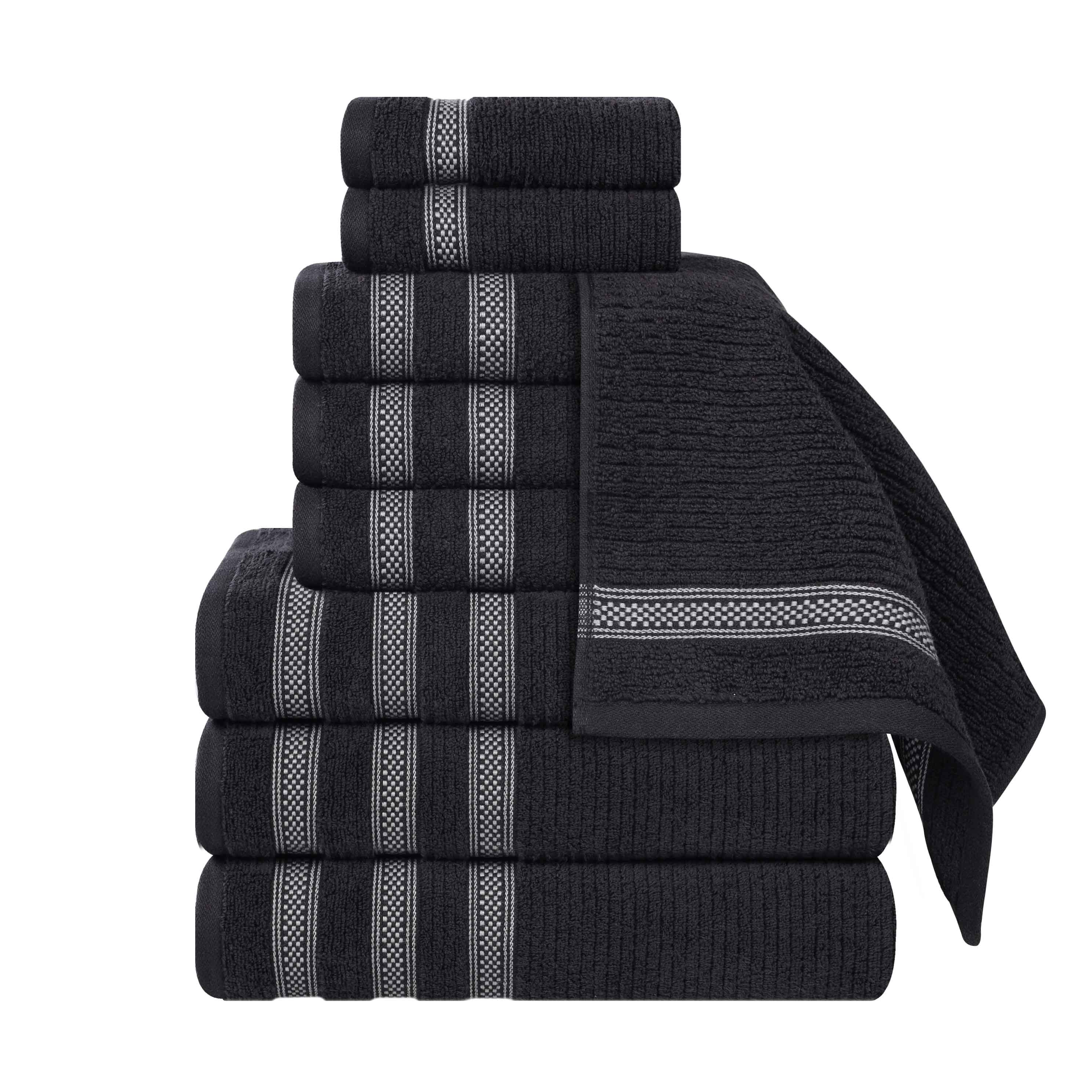 Premium 9-Piece Zero Twist Cotton Ribbed Towel Set with Geometric Border - Ultra Soft & Absorbent Bath, Beach & Spa Towels for Luxury Home & Hotel Use