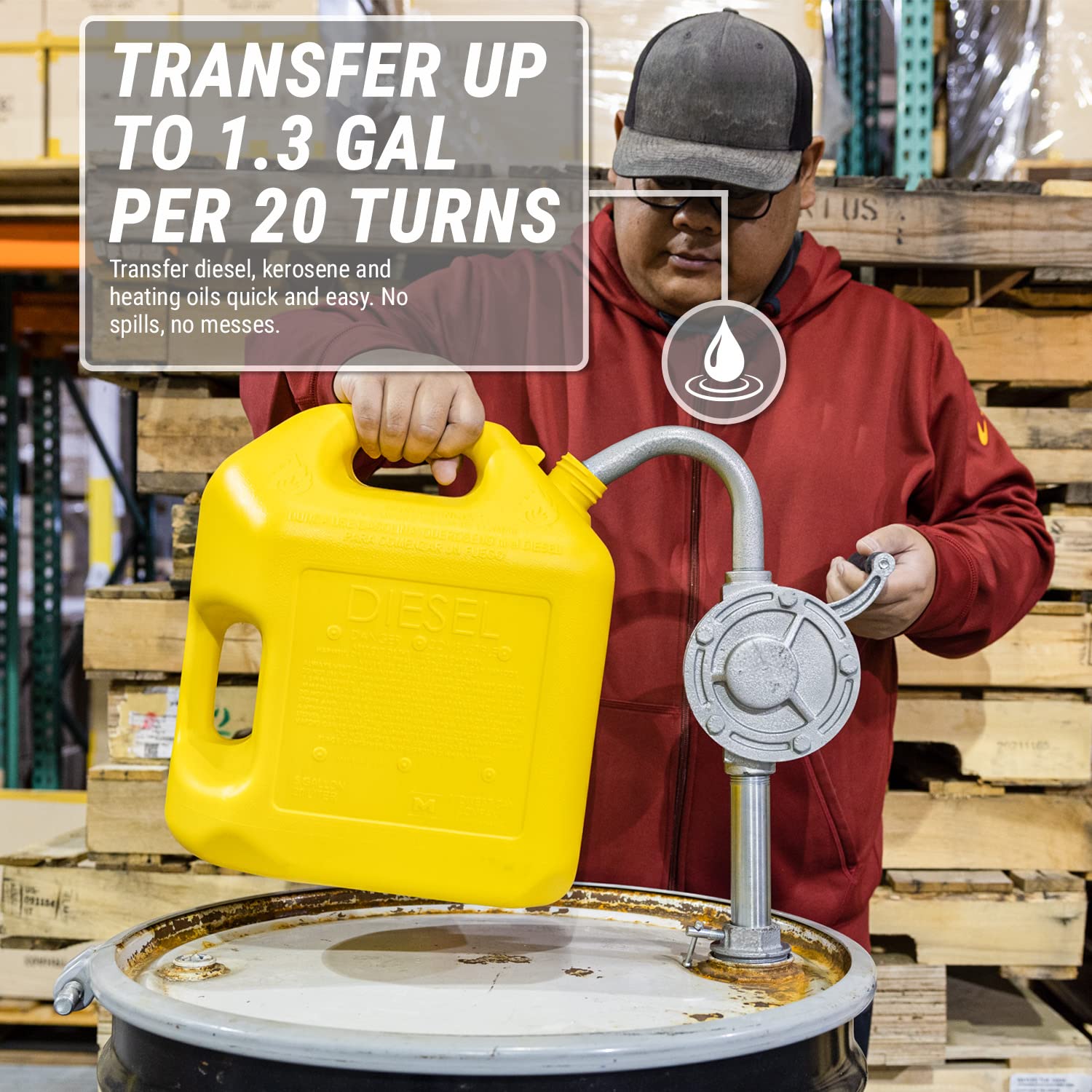 TERA PUMP Heavy Duty Steel & Cast Iron Rotary Hand Pump - 1.3 Gallon Capacity per 20 Rotations for Diesel, Oil & Medium Viscosity Liquids (Not for Water-Based Fluids) - Ideal for Farm Equipment, Industrial Machinery & Fuel Transfer Applications