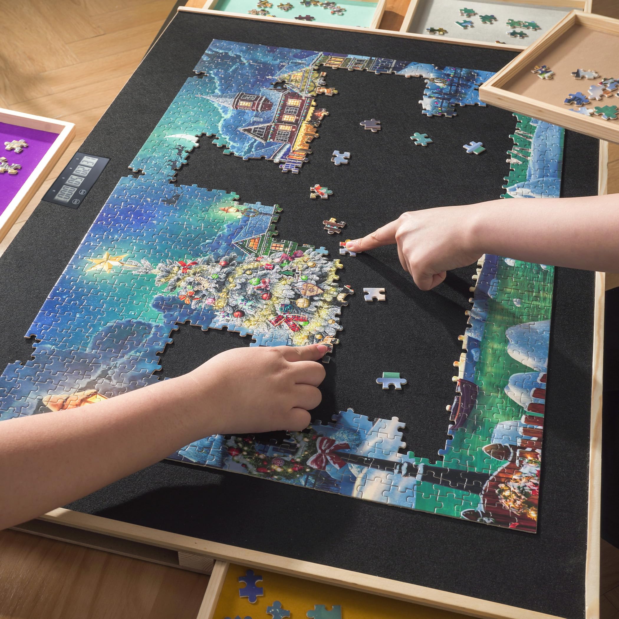 1500 Piece Wooden Jigsaw Puzzle Board with Timer - 6 Drawers & Slip-Proof Cover for Adults - Perfect for Family Game Nights, Stress Relief & Home Decor