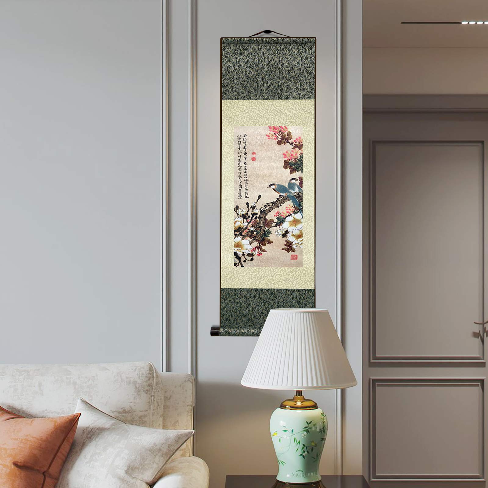ATFArt Asian Wall Decor - Exquisite Silk Scroll Painting of Flowers and Birds, Oriental Chinese Art Wall Hanging (36.2 x 12 Inch) - Perfect for Living Room, Bedroom, Office & Meditation Space Decor