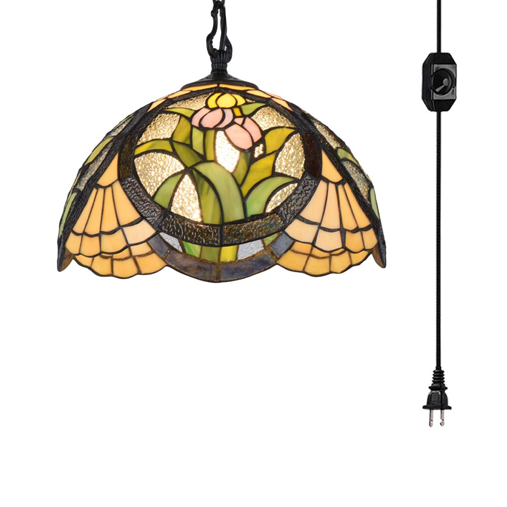 20ft UL Listed Plug-in On/Off Dimmer Switch Cord with Iron Chain - Tiffany Style Handmade Mediterranean Glass Shade Antique Chandelier Pendant Light (Bulb Not Included) - Perfect for Dining Room, Bedroom, or Vintage Home Decor