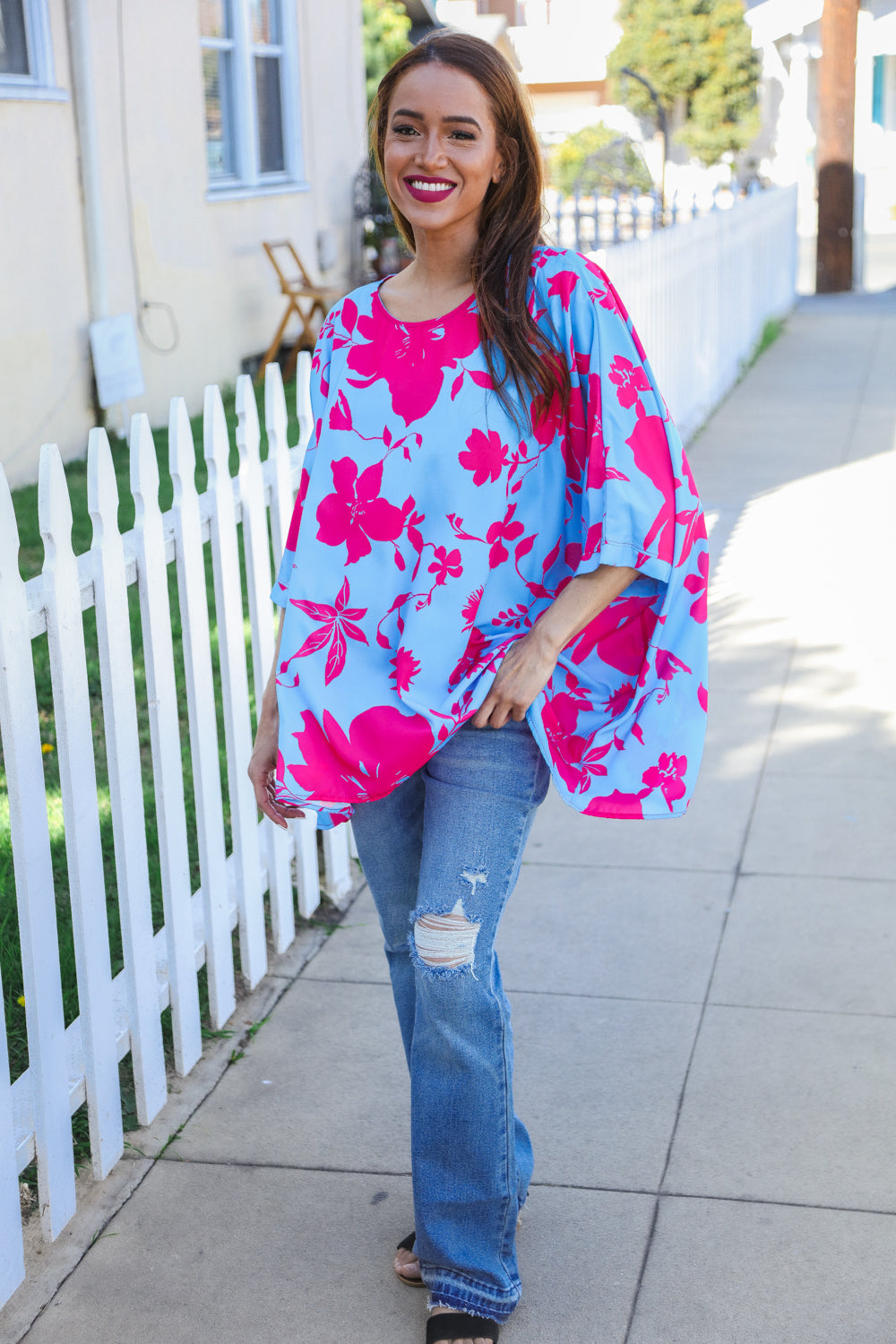Stylish Fuchsia Floral Asymmetrical Cover-Up Blouse for Women - Perfect for Beach, Pool, and Summer Vacation Outfits
