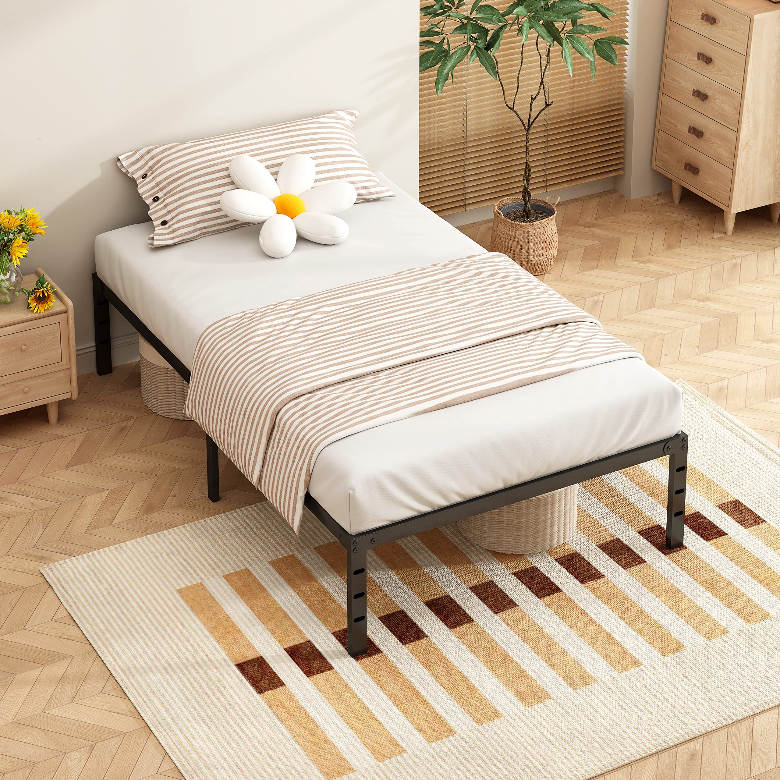 Sturdy 14 Inch Black Reinforced Metal Bed Frame with Steel Bar Support - Easy Assembly & Transport, Under Bed Storage Space - Perfect for Twin Beds in Dorms, Apartments & Guest Rooms