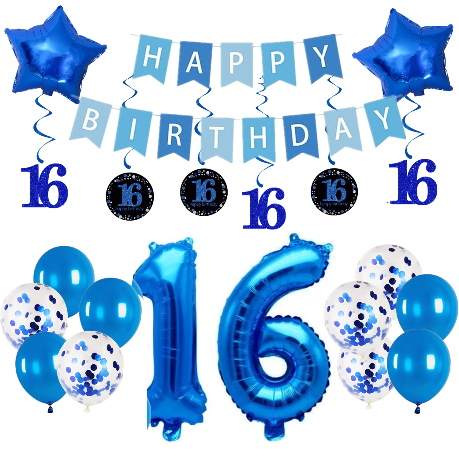 16th Birthday Party Decorations Set for Boys & Girls - Swirl Balloons, Happy Birthday Banner, 32in Number 16 & Star Foil Balloons in Blue | Perfect for Sweet 16 Celebrations, Teen Parties & Milestone Birthday Decor