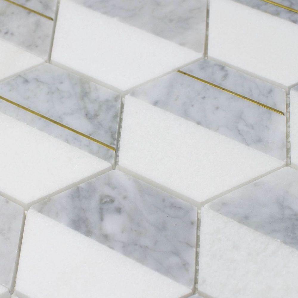 Premium Inlay Brass Gold Hexagon Carrara Tile - Elegant Mosaic Flooring for Bathroom, Kitchen & Backsplash | Waterproof & Durable Home Decor