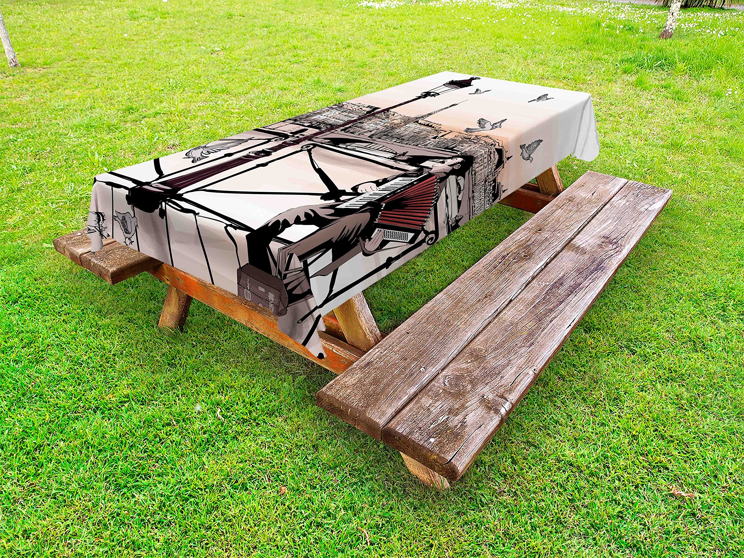 Ambesonne Music Themed Outdoor Tablecloth - Accordionist Playing Paris Street Scene, European City Panorama Design, Washable Picnic Table Cover 58