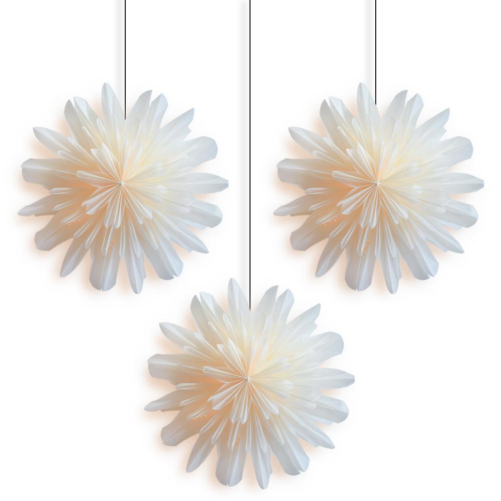 3-Pack Snowflake Star Lantern Pizzelle with LED Bulbs & Lamp Cord - Winter Holiday Decor for Christmas, Parties & Home Decoration