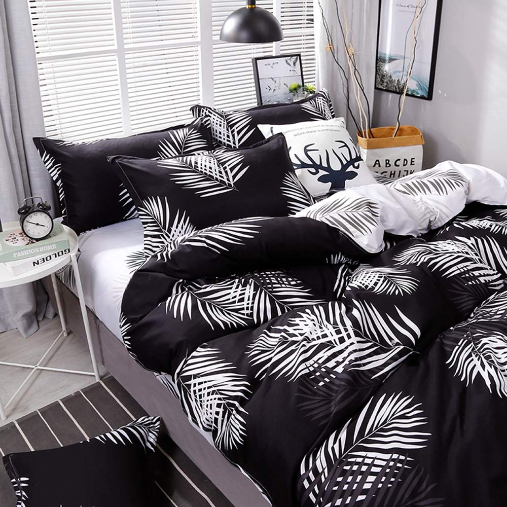 Feelyou Black and White Reversible Duvet Cover Set - Palm Leaf Print Comforter Cover for Kids, Teens & Adults - Twin Size Soft Zipper Closure Bedding - Perfect for Boho Bedroom Decor & Guest Room Styling
