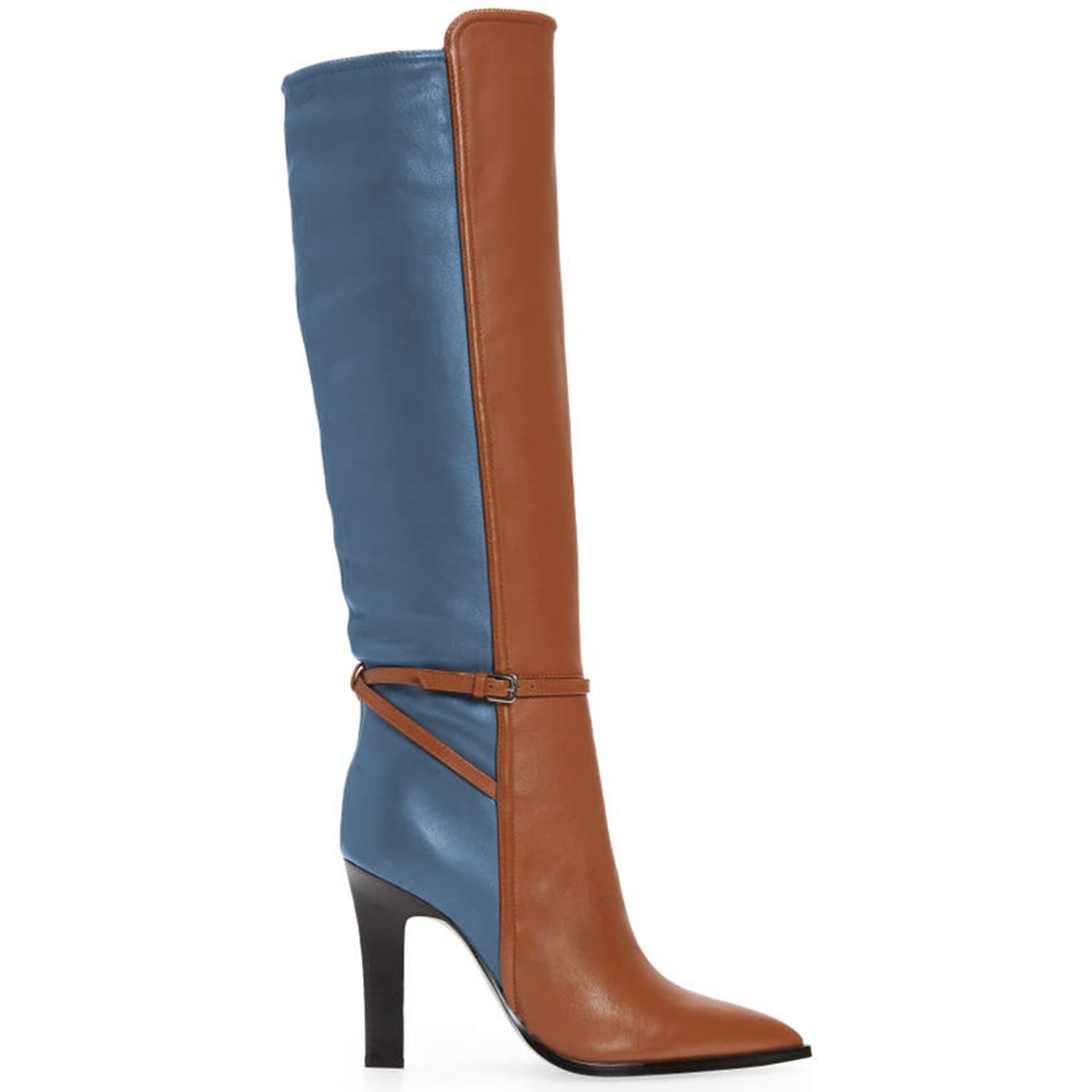 Women's FOWT Spring Fashion Two-Tone Snakeskin Pull-On Knee High Boots - Brown Elegant Ankle Strap Pointed Toe Thin High Heel Dress Shoes for Office, Party & Evening Wear (US Size 4-16 M)
