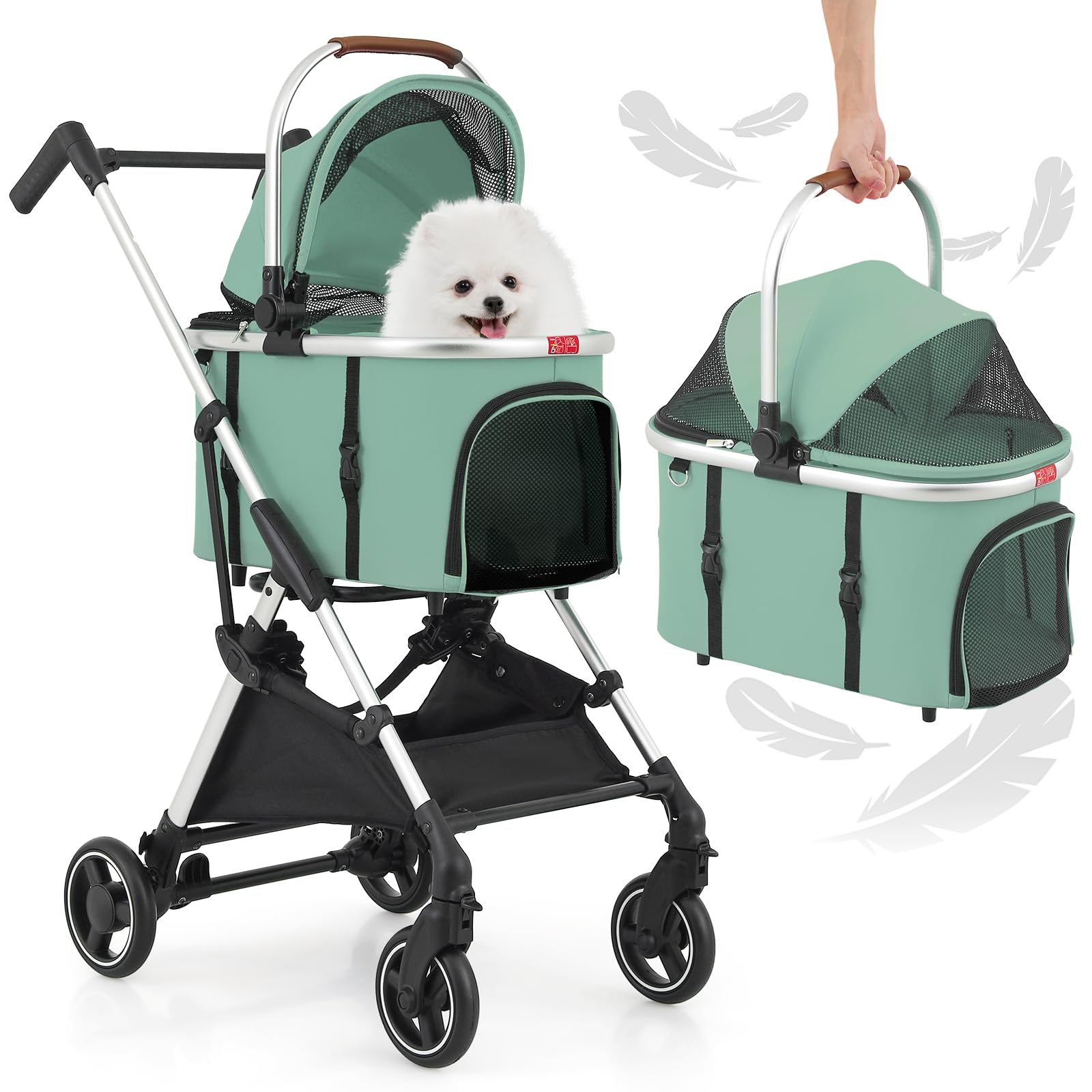 MoNiBloom Lightweight Pet Stroller for Small & Medium Dogs - Foldable Jogging Stroller with Detachable Carrier & Durable Aluminum Frame (Mint Green) - Perfect for Outdoor Walks, Park Visits & Travel Adventures