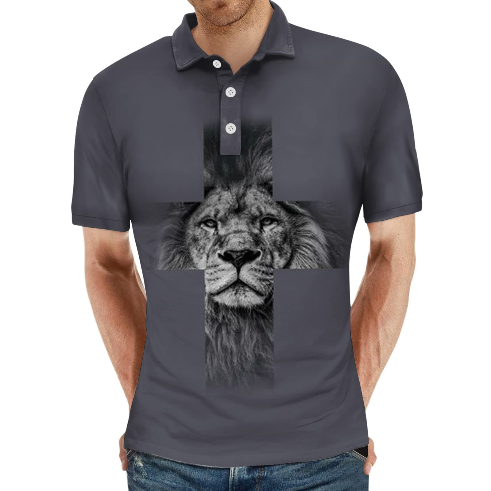 Men's Summer Casual T-Shirt - Cross Print Lapel Short Sleeve Shirt for Sports & Beach Wear - Gray | Perfect for Outdoor Activities, Vacation & Daily Comfort