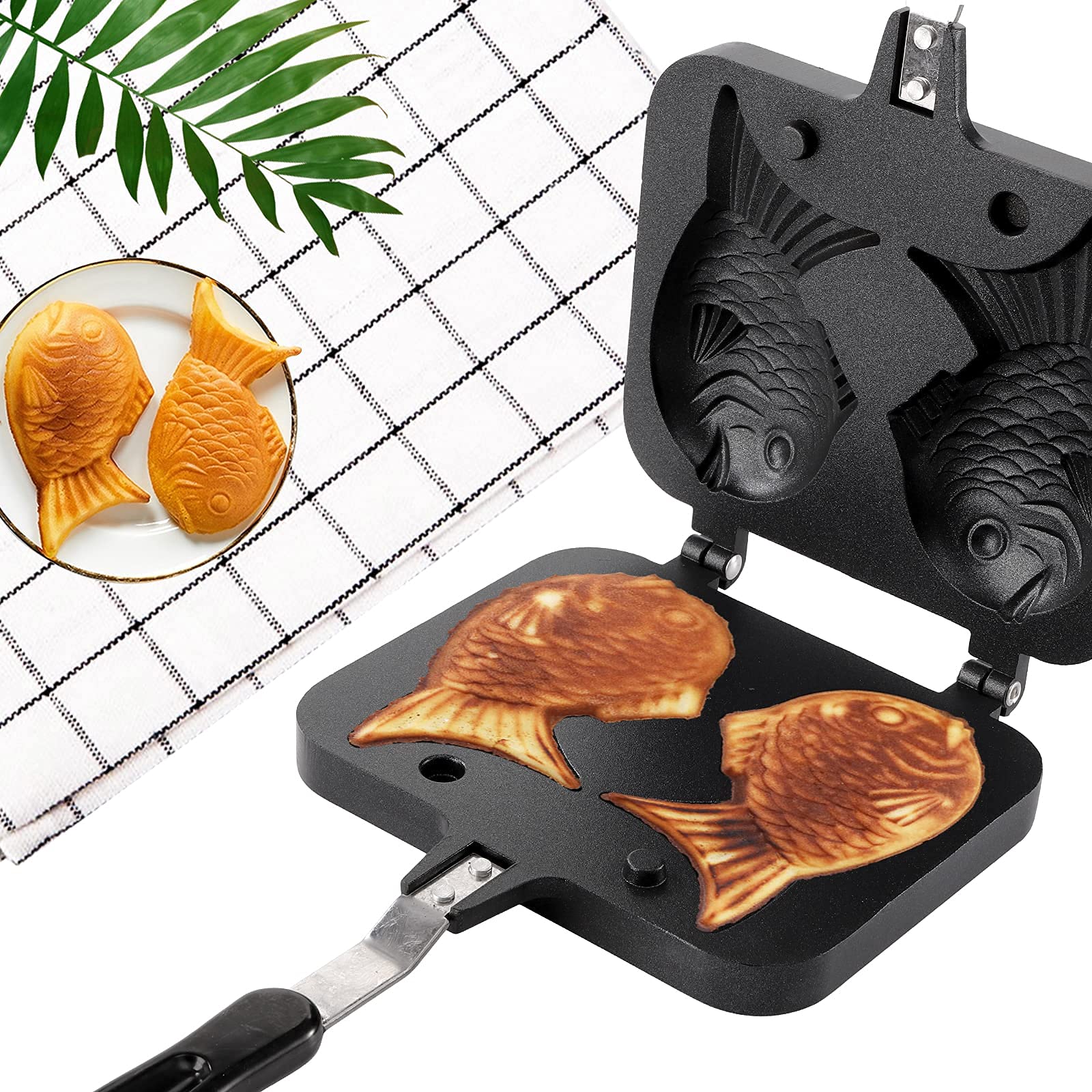 ZOOFOX Non-Stick Taiyaki Fish-Shaped Waffle Maker - Double Pancake Baking Pan with Long Handle - Perfect for Japanese Desserts, Breakfast & Party Snacks