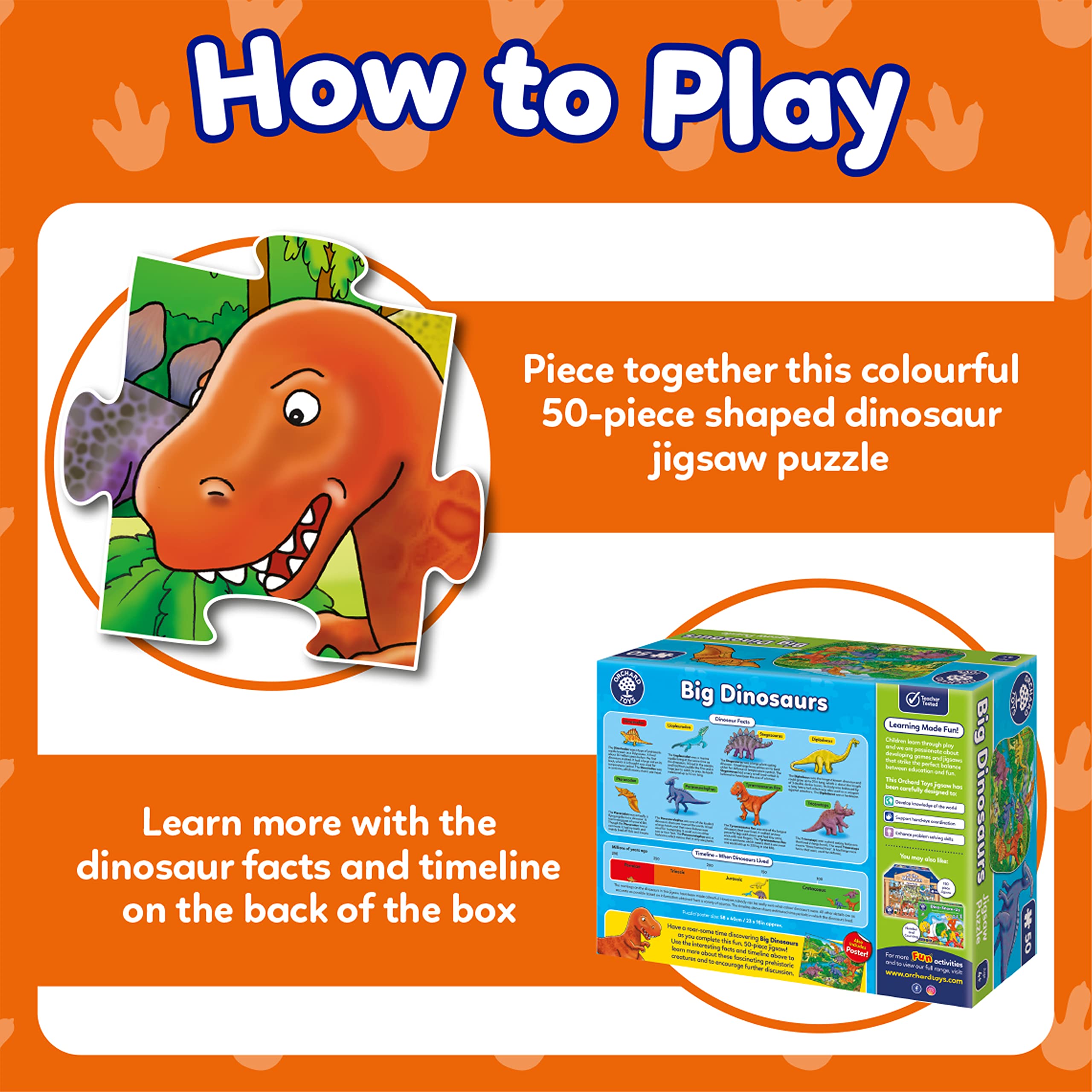 Orchard Toys Big Dinosaurs Jigsaw Puzzle for Kids - 50 Piece Large Floor Puzzle, Educational Dinosaur Toys for Toddlers Age 4+, Perfect Gift for Boys & Girls - Fun Learning Activity for Preschool & Birthday Parties