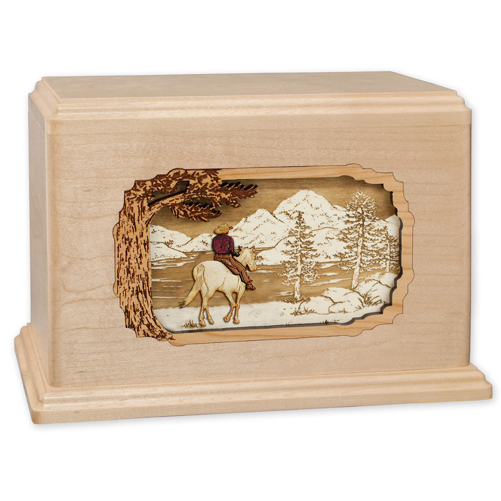 Handcrafted Cowboy Horse & Rider 3D Wood Inlay Cremation Urn - Memorial Keepsake for Ashes - Perfect for Western Lovers & Ranch Home Decor