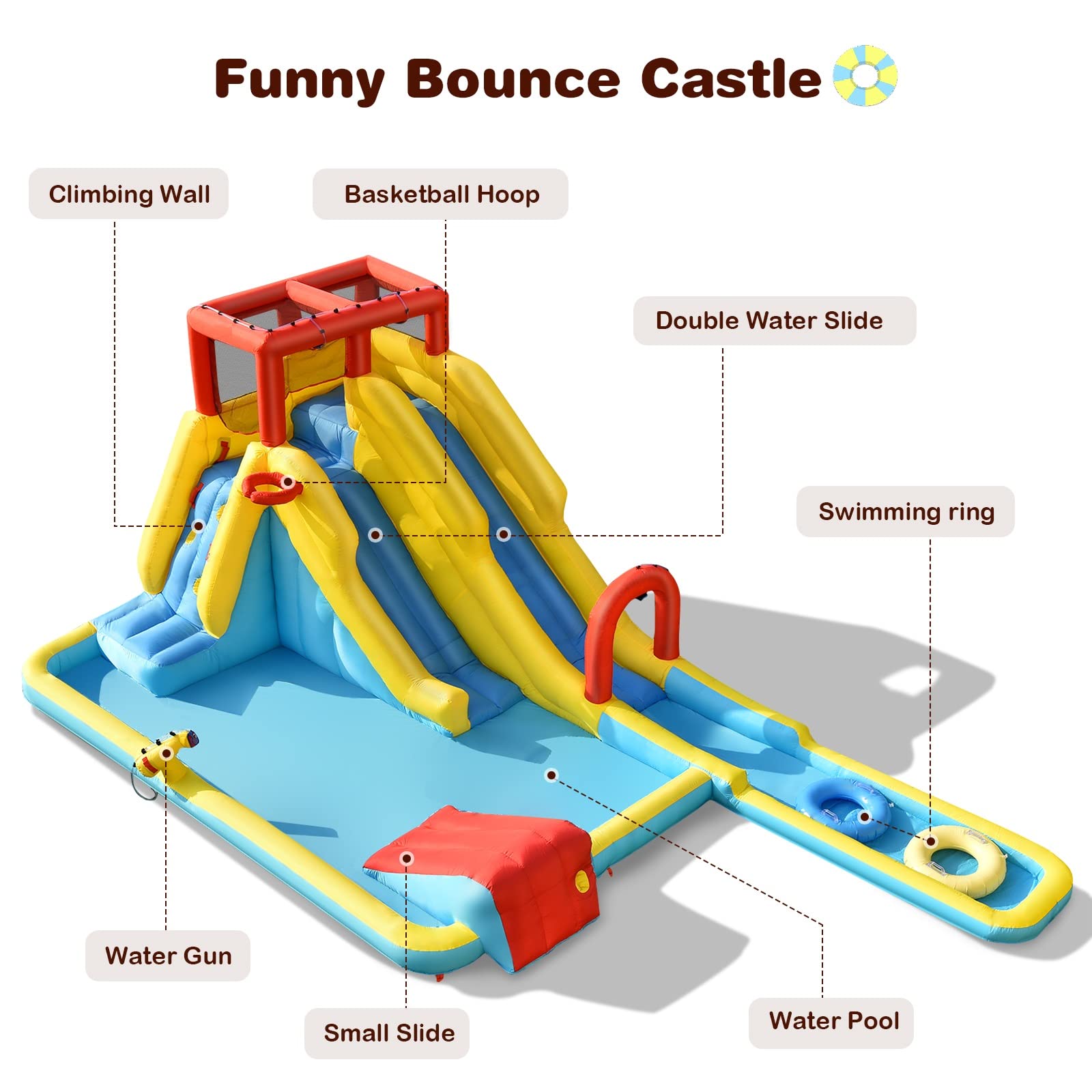 OLAKIDS Inflatable Water Slide - 7-in-1 Bounce House with Dual Slides, Climbing Wall, Splash Pool, Basketball Hoop & Water Blaster | Outdoor Water Park for Backyard, Birthday Parties & Summer Fun | Includes Carry Bag, Repair Kit & Water Hose