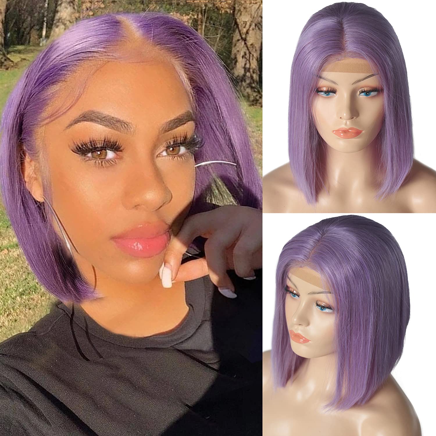 Light Purple Human Hair Bob Wig - Glueless Pre Plucked 13x4 HD Lace Front with 180% Density - Remy Hair Transparent Wig in Lilac Straight 14 Inch with Bleached Knots - Middle Part Purple Bob Wig for Women - Perfect for Cosplay, Daily Wear & Special Occasions