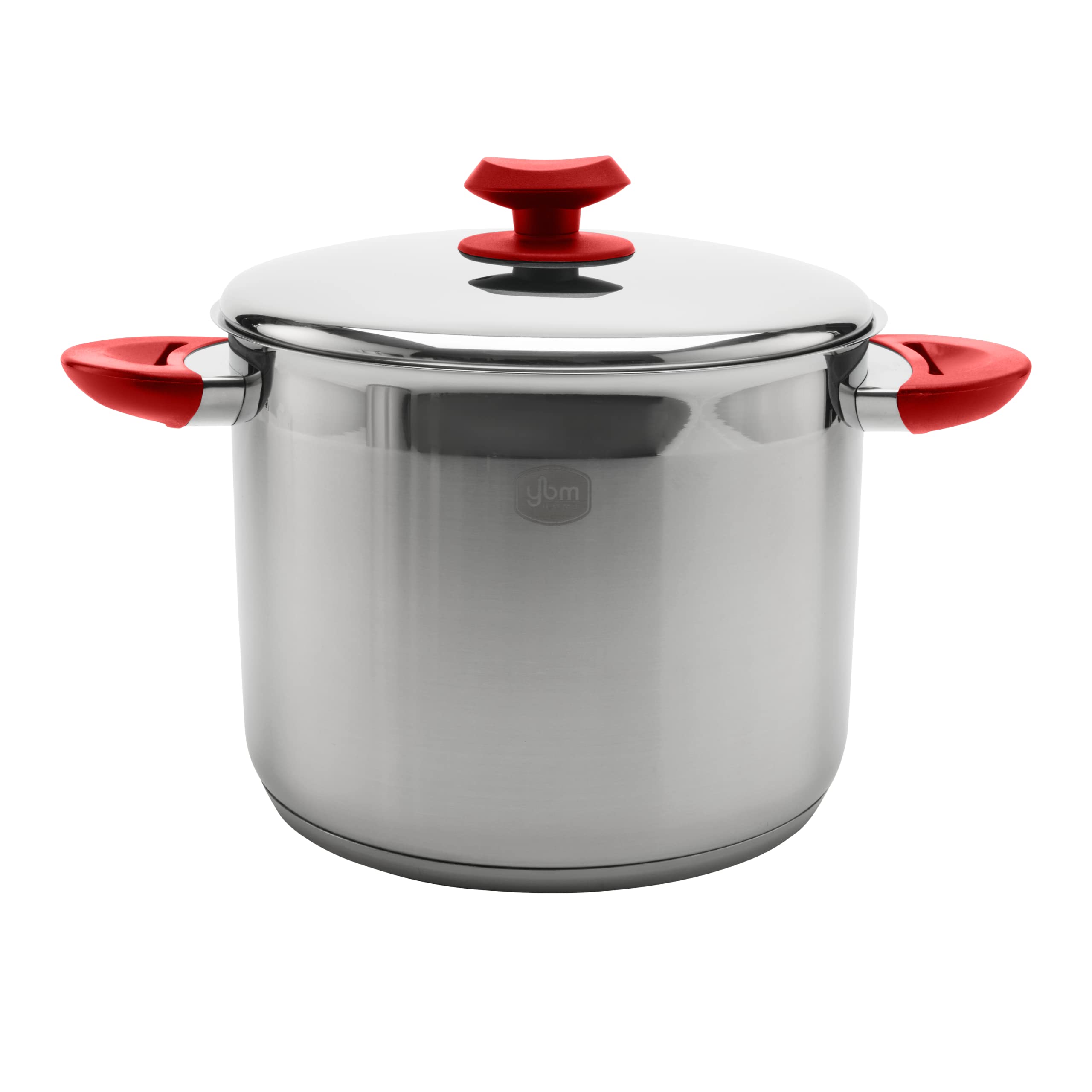 YBM Home 7 Quart Commercial Grade 18/10 Stainless Steel Stockpot with Lid - Induction Compatible Cookware with Encapsulated Aluminum Core - Red - Perfect for Soups, Stews, Pasta & Large Family Meals